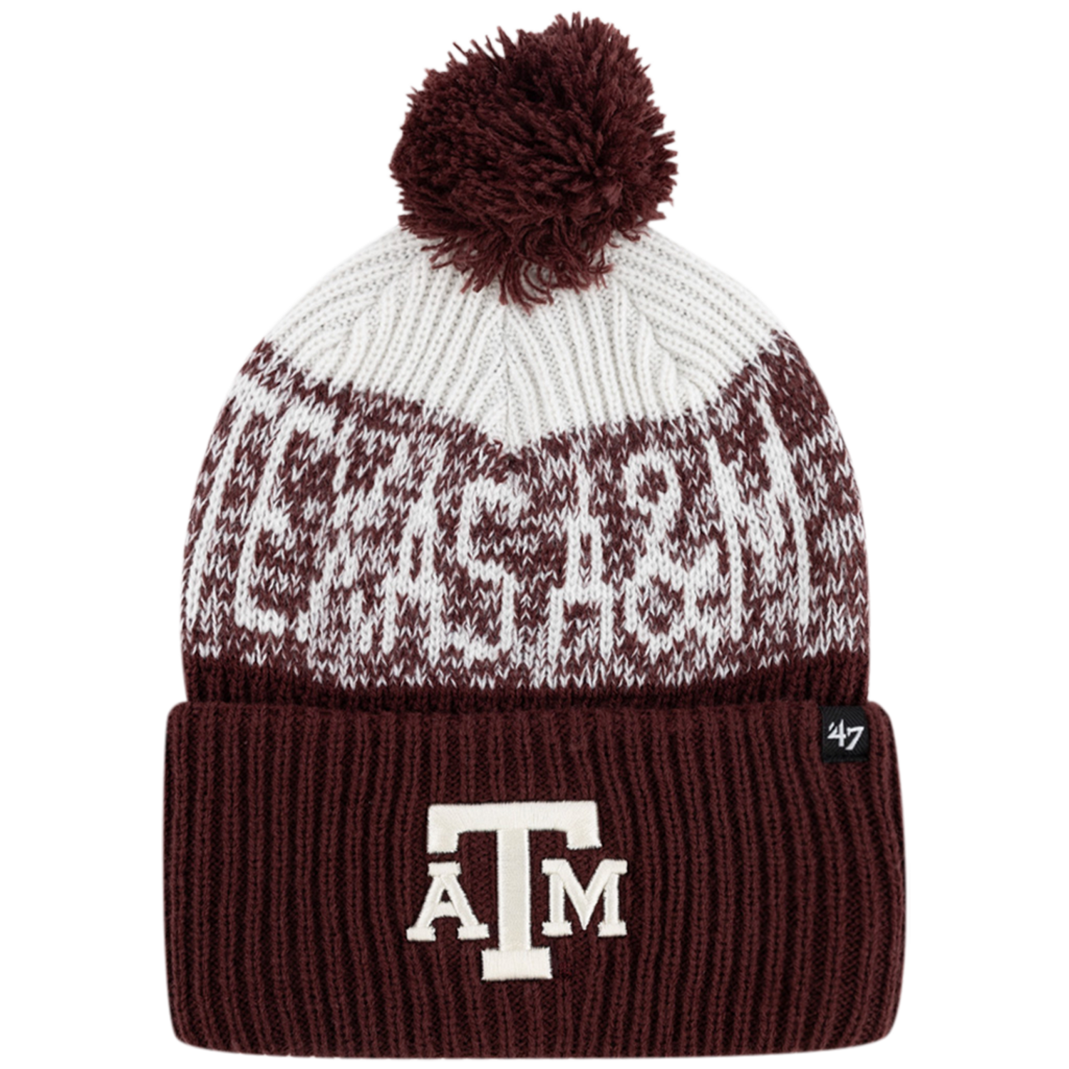 Texas A&M maroon and white knit pom-pom beanie with a block ATM logo and 12th Man-style patterned design.