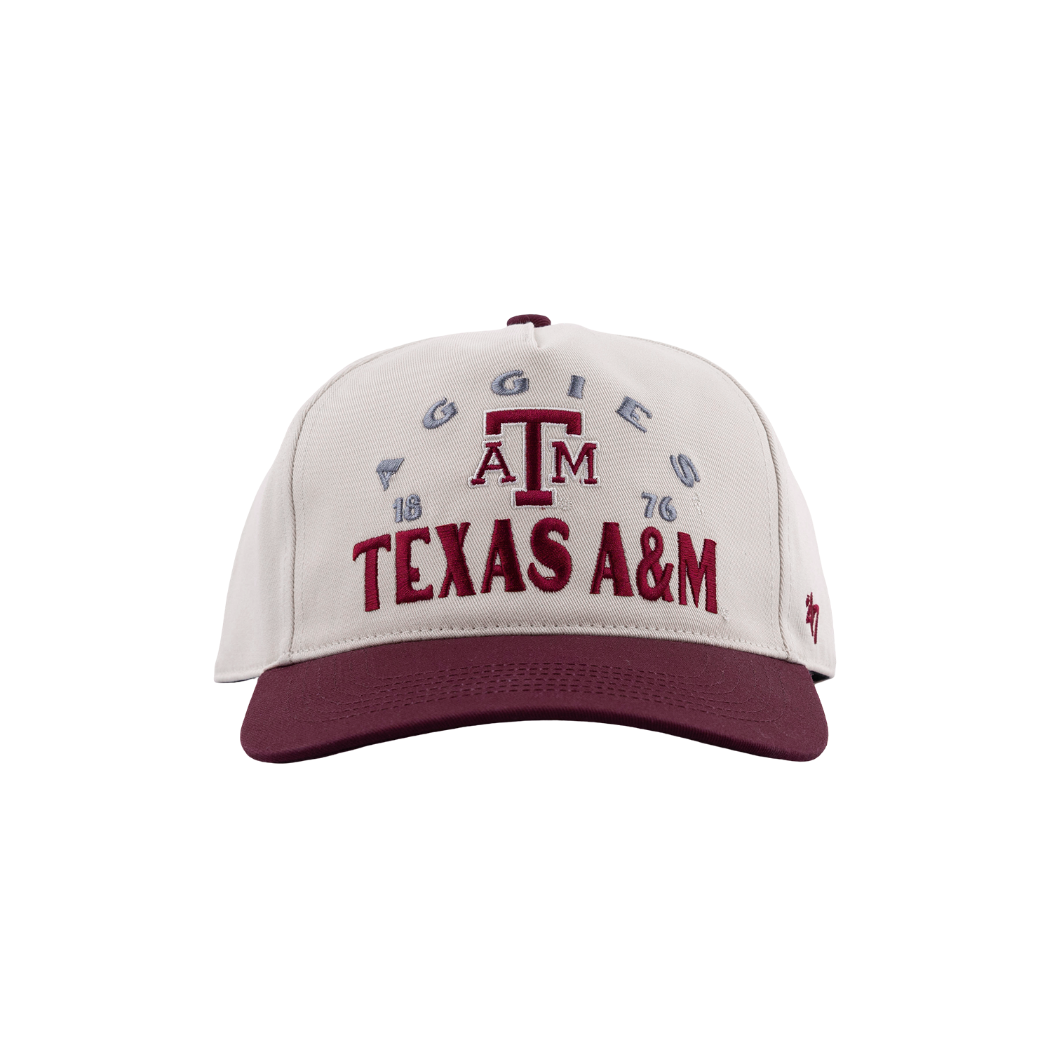 Beige cap with maroon bill and text