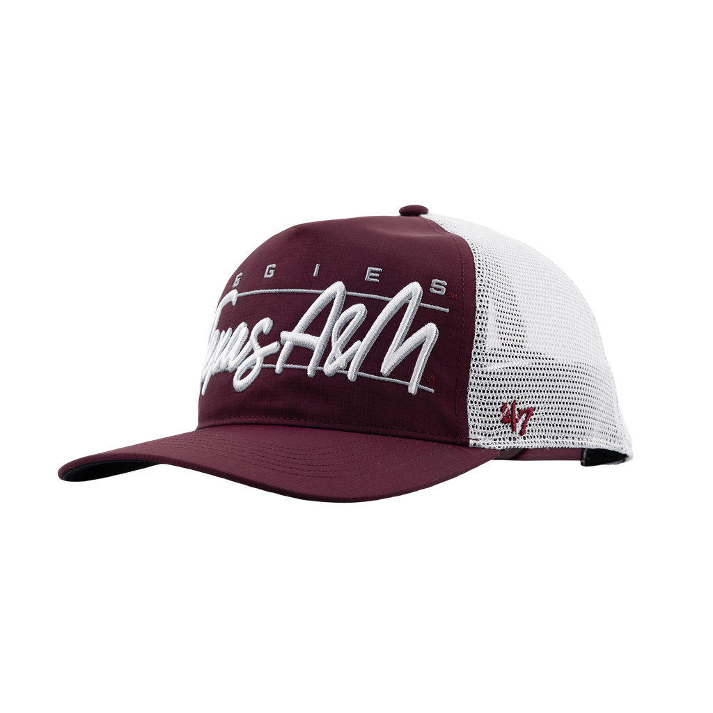 Baseball cap with a mesh back and maroon front panel. The front featuring an embroidered Aggies with a script font Texas A&M. 