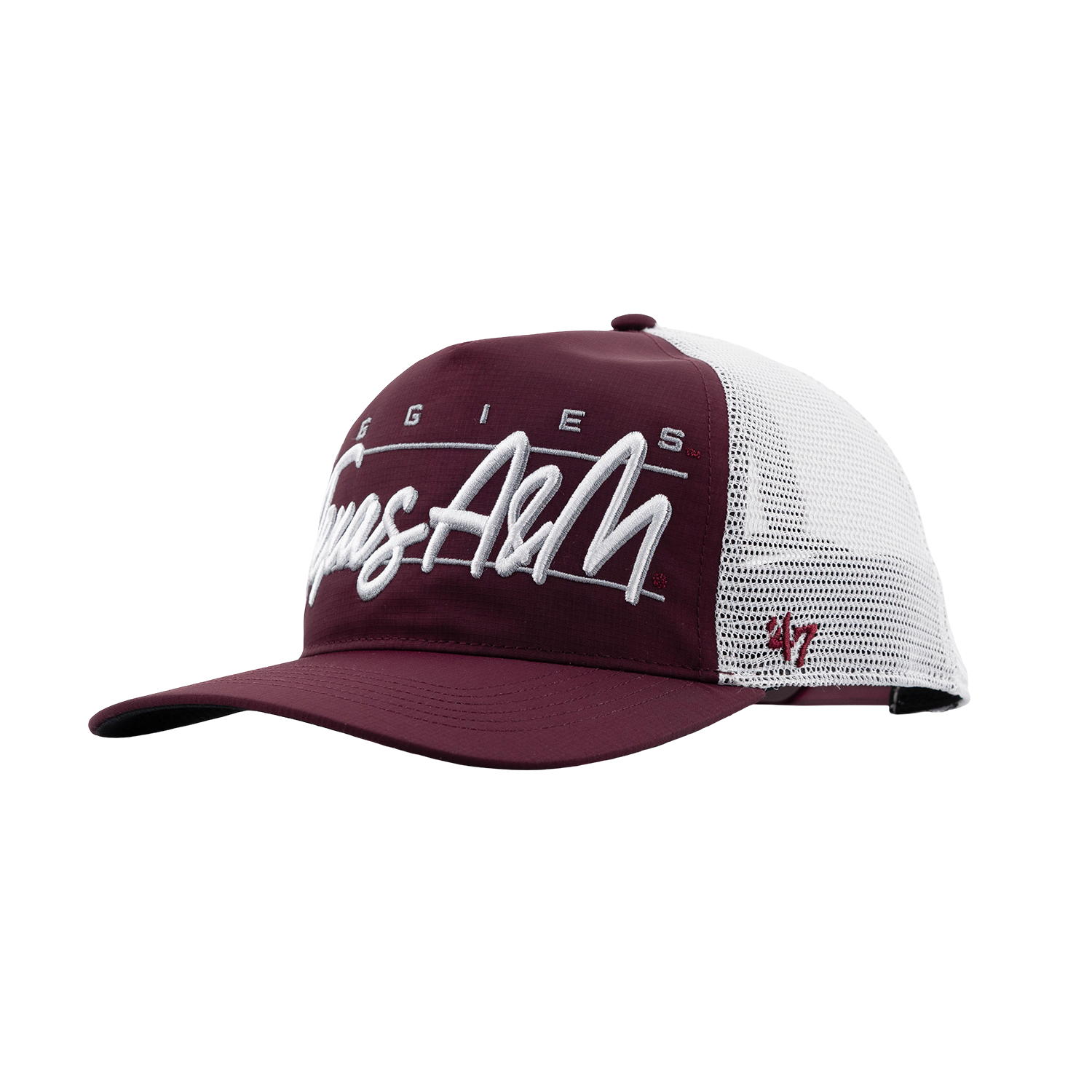 Baseball cap with a mesh back and maroon front panel. The front featuring an embroidered Aggies with a script font Texas A&M. 