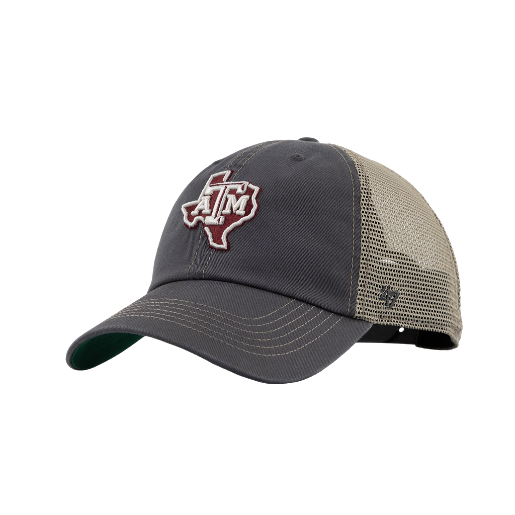 A dark gray and beige trucker hat featuring an embroidered Texas A&M 'A&M' logo on the front, with a dark gray curved brim and beige mesh back panels.
