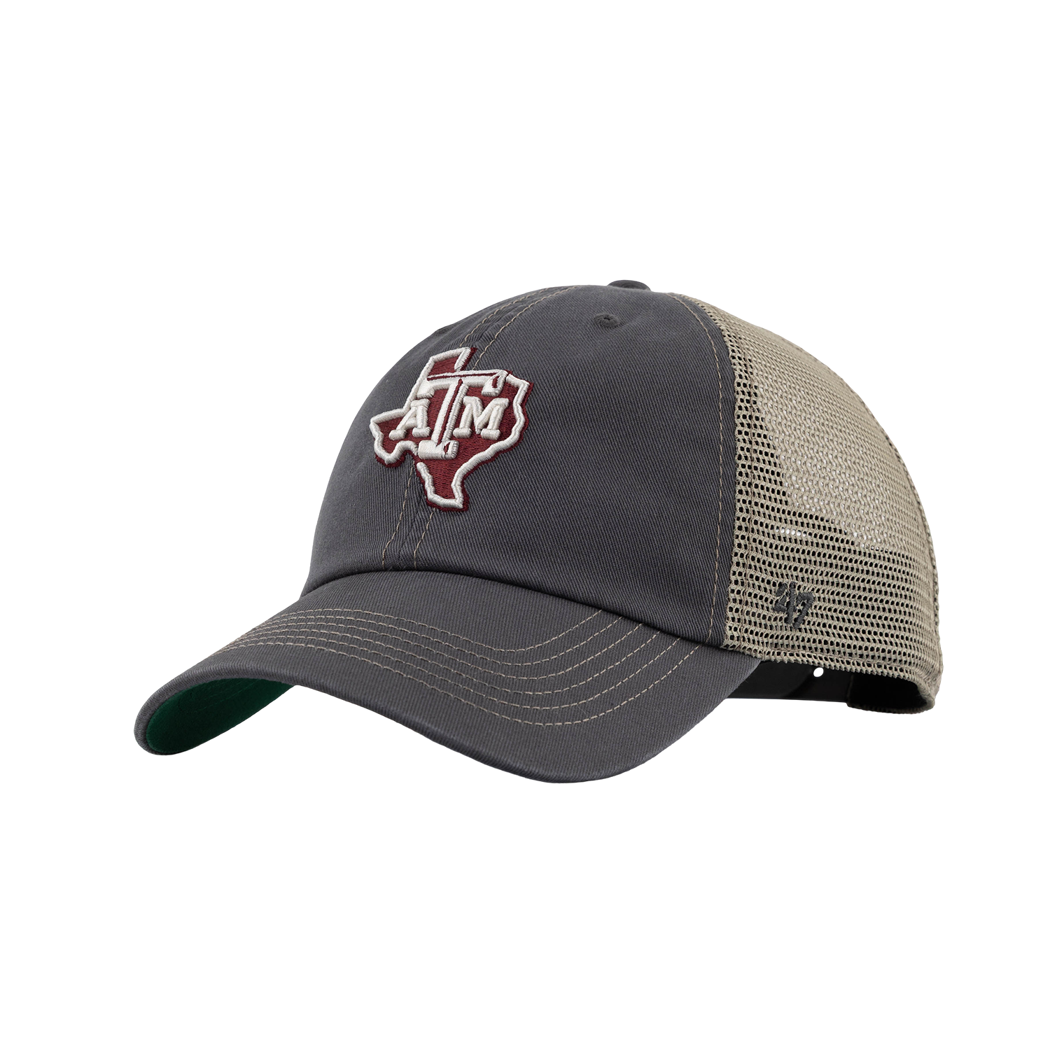 A dark gray and beige trucker hat featuring an embroidered Texas A&M 'A&M' logo on the front, with a dark gray curved brim and beige mesh back panels.