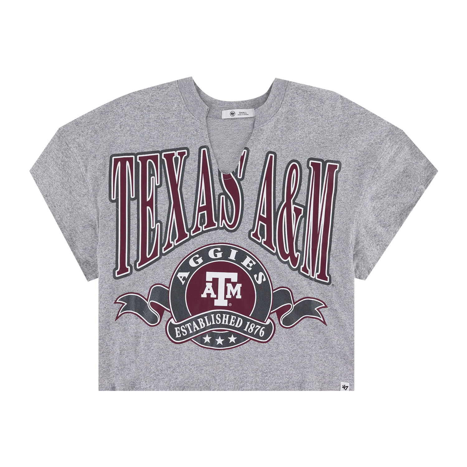 A heather gray cropped V-neck t-shirt featuring a maroon and white Texas A&M Aggies graphic on the front.
