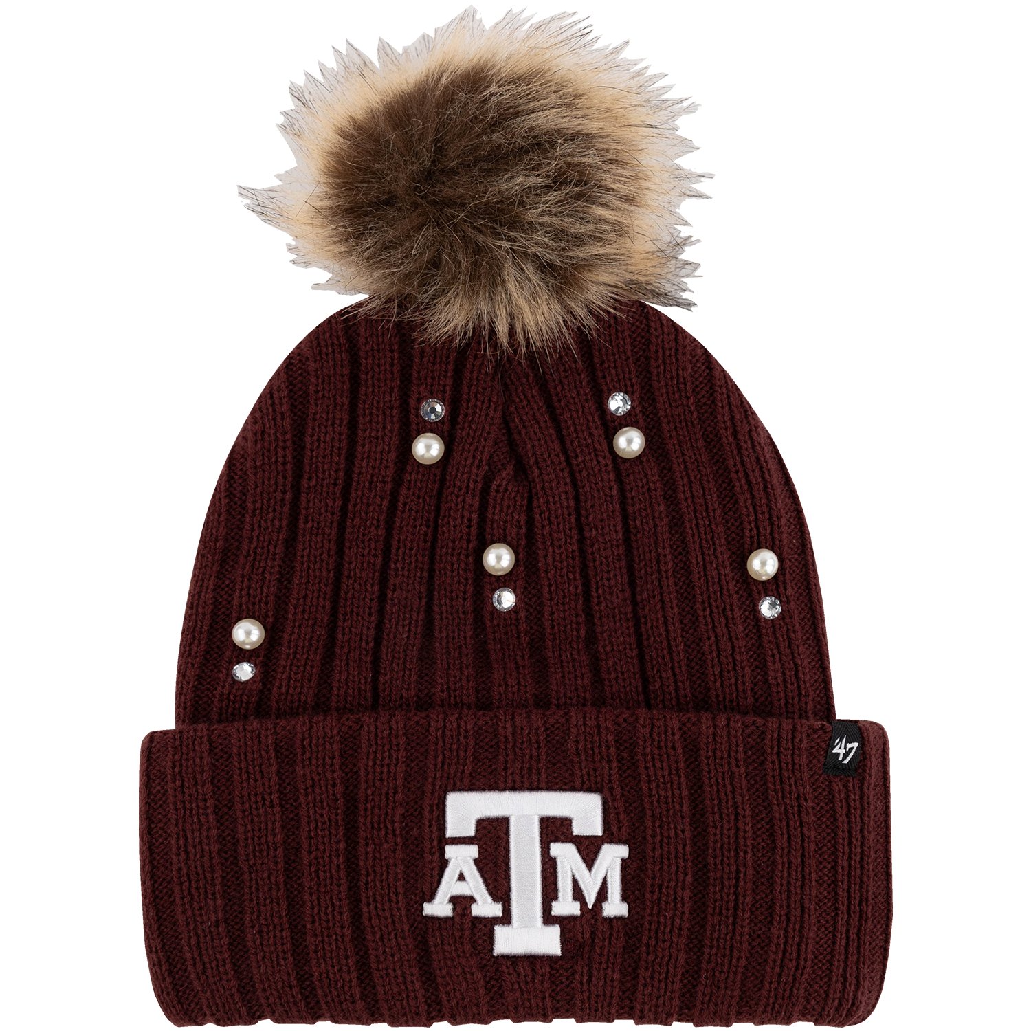 Maroon Texas A&M knit pom-pom beanie with a white embroidered ATM logo, pearl and rhinestone embellishments, and a large faux fur pom-pom.