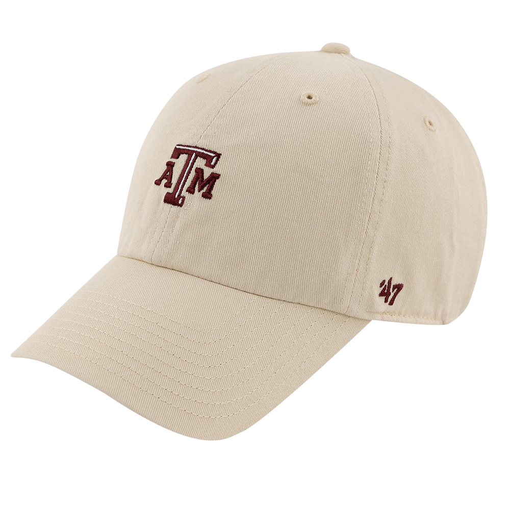 Tan hat with maroon, beveled ATM logo