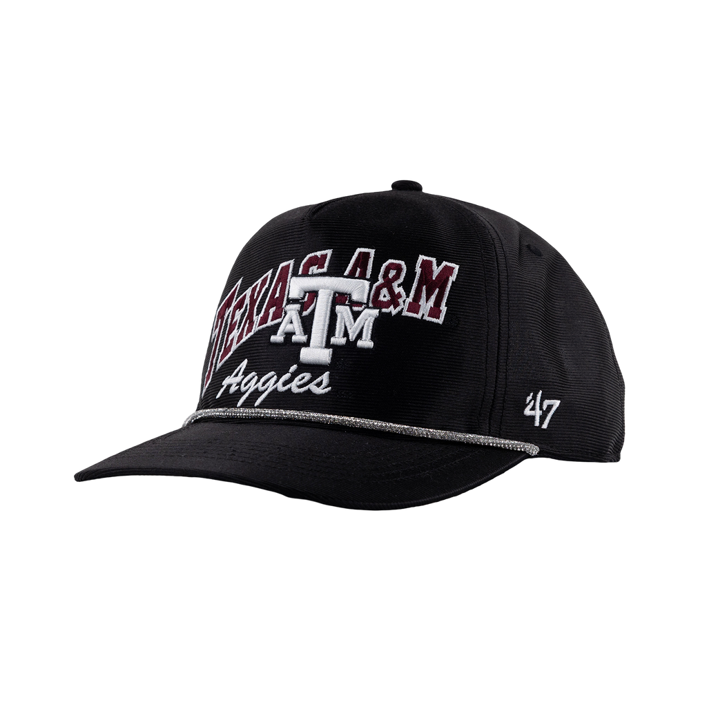 Black 47 Brand Texas A&M Aggies cap featuring embroidered Texas A&M lettering, a large white A&M logo, “Aggies” script, and a silver glitter accent along the brim.