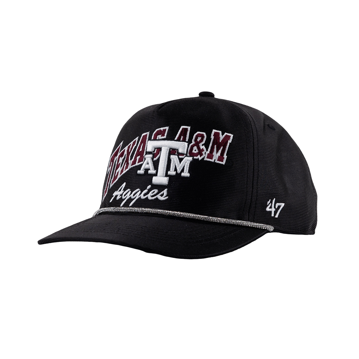 Black 47 Brand Texas A&M Aggies cap featuring embroidered Texas A&M lettering, a large white A&M logo, “Aggies” script, and a silver glitter accent along the brim.
