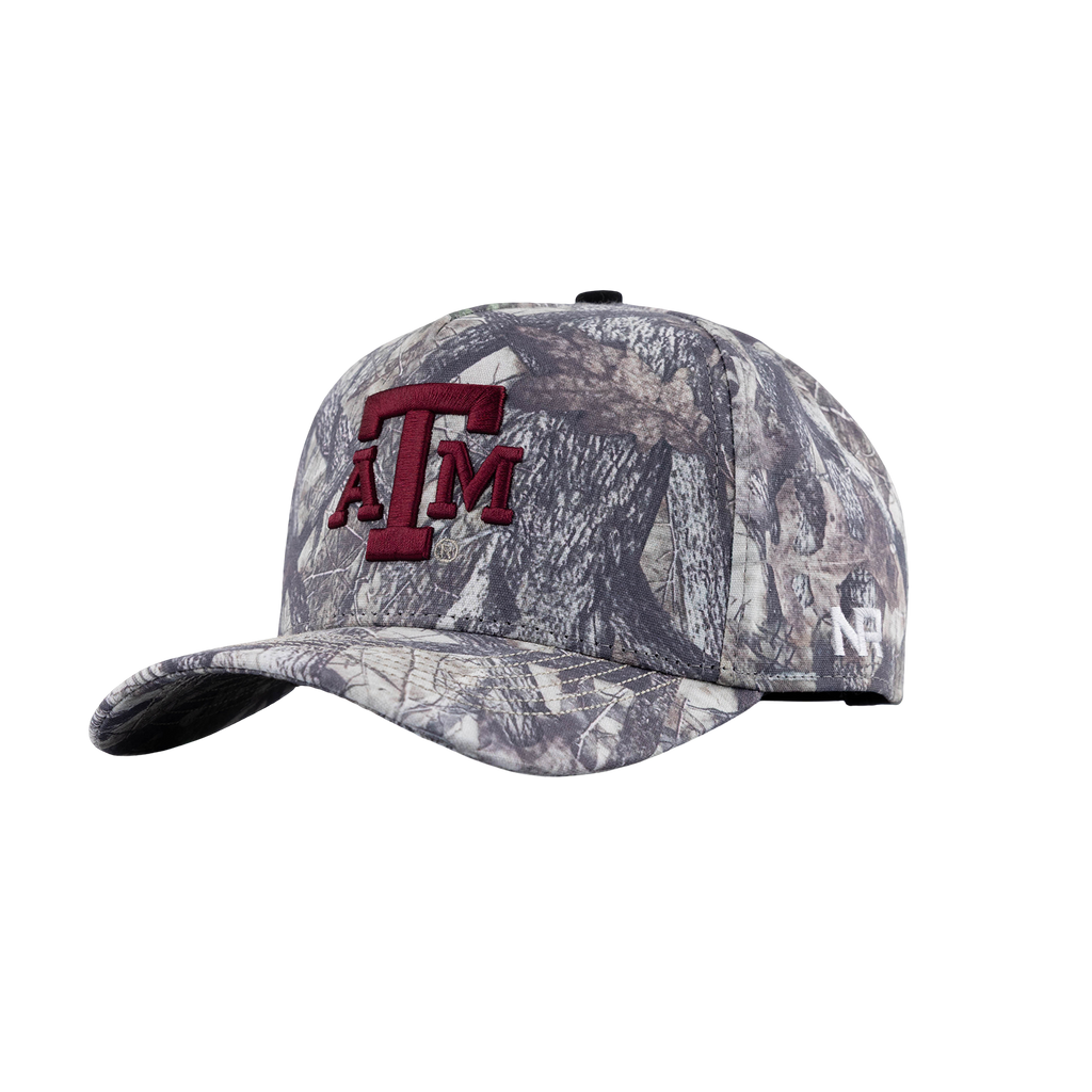 A baseball cap featuring a woodland camouflage pattern in shades of gray, brown, and beige, with a prominent embroidered maroon 'ATM' logo on the front and a white No Rivals brand logo on the side.