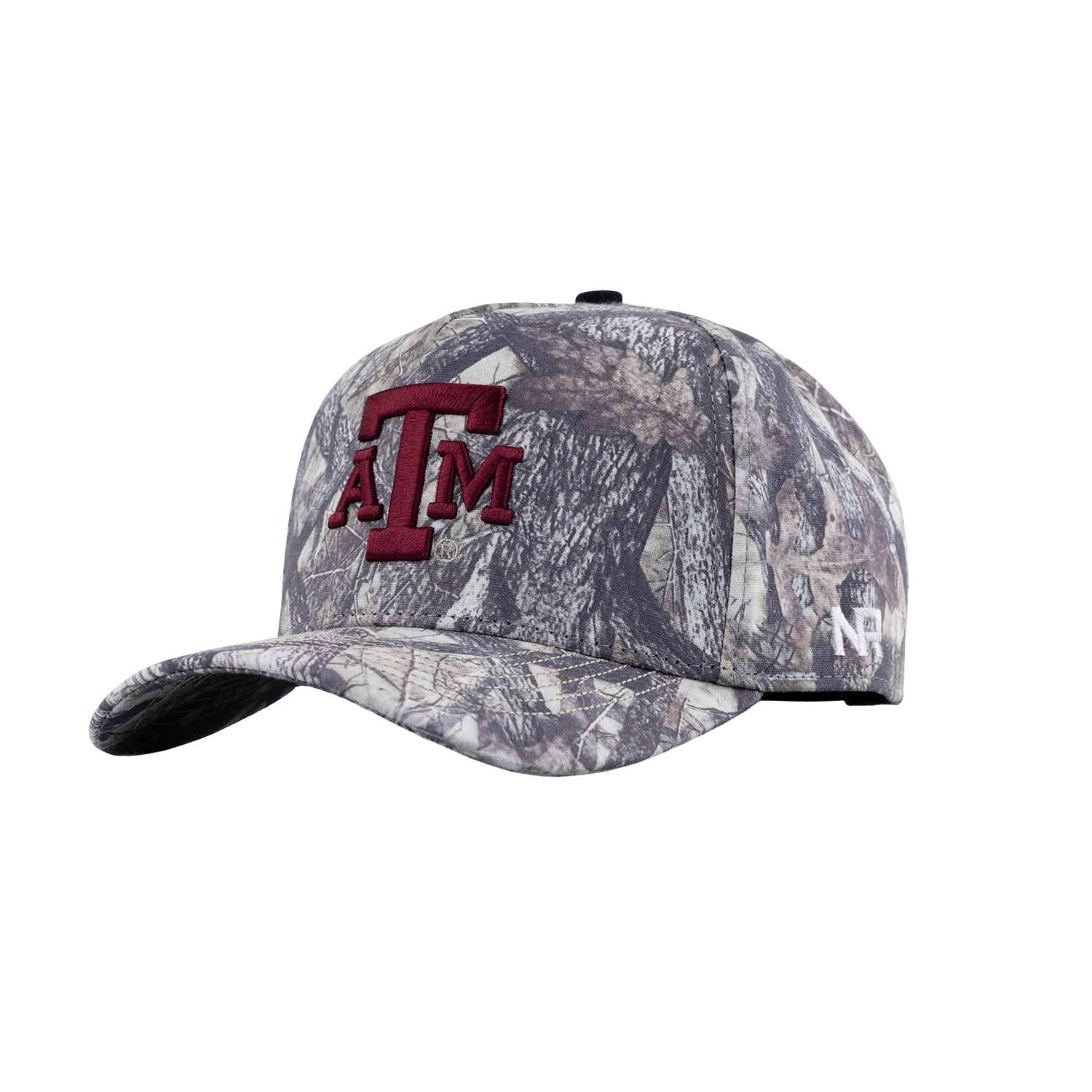 A baseball cap featuring a woodland camouflage pattern in shades of gray, brown, and beige, with a prominent embroidered maroon 'ATM' logo on the front and a white No Rivals brand logo on the side.