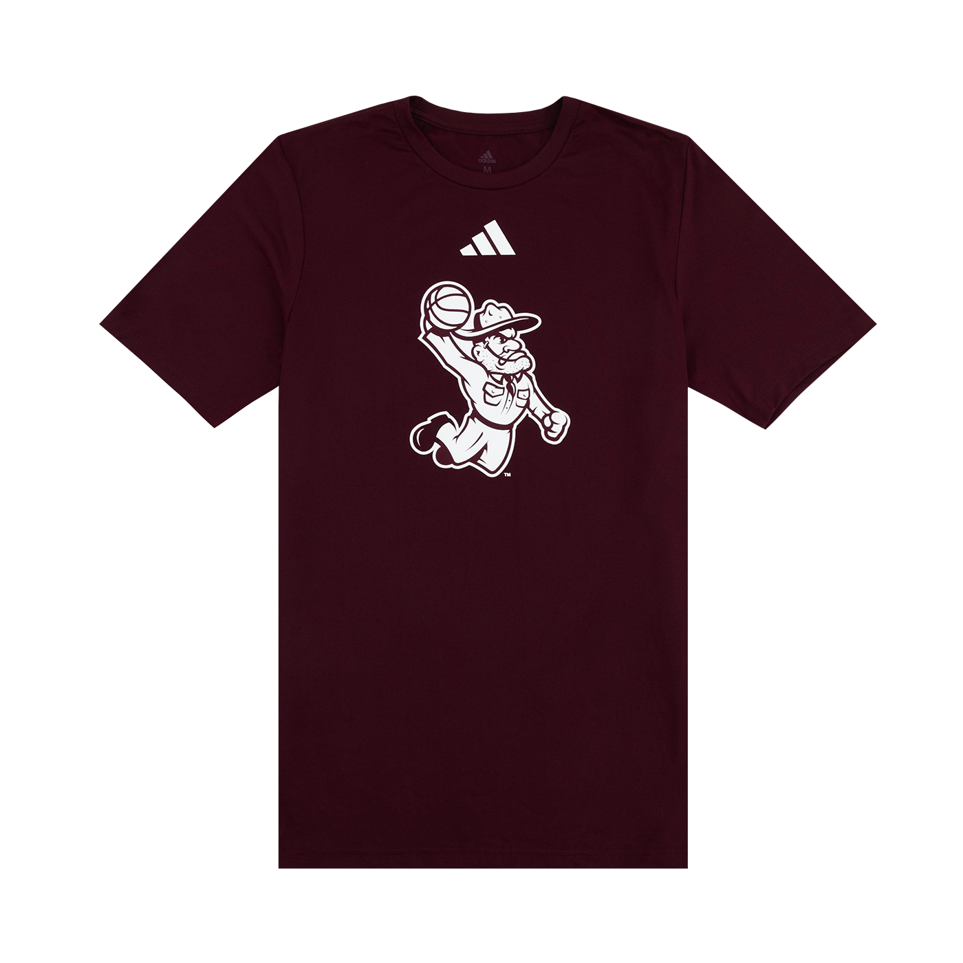 Maroon t-shirt with white graphic and Adidas logo.