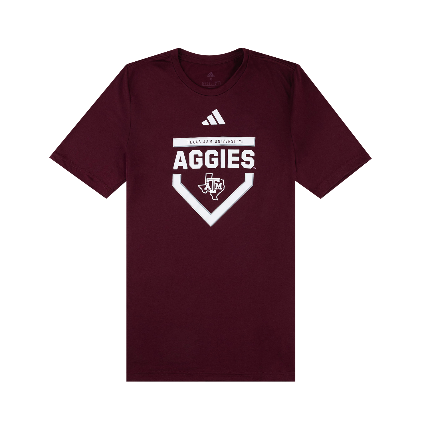 Maroon t-shirt with 'AGGIES' and Adidas logo in white.