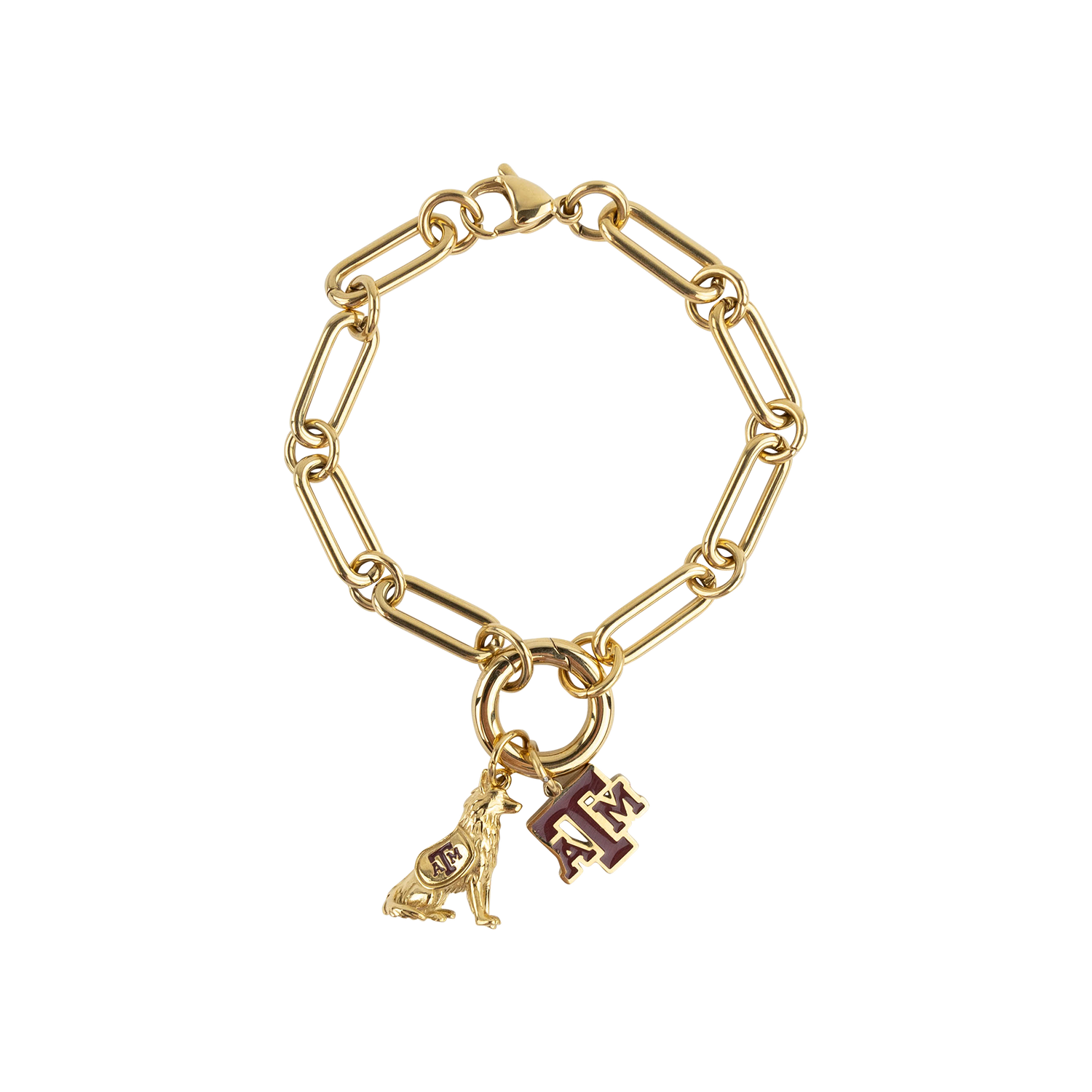 A gold paperclip chain bracelet with a lobster clasp, featuring two dangling charms: a gold Texas A&M Reveille charm and a gold Texas A&M 'A&M' letter charm with a maroon enamel fill.
