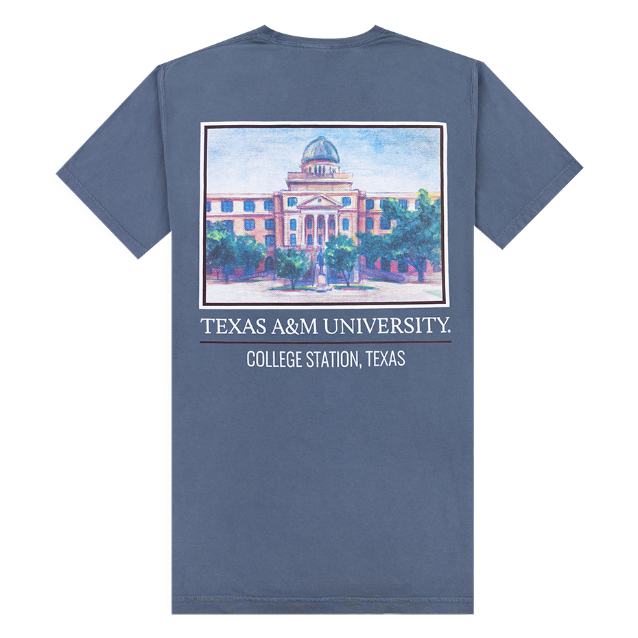 Texas A&M Academic Building Watercolor T-Shirt in Blue