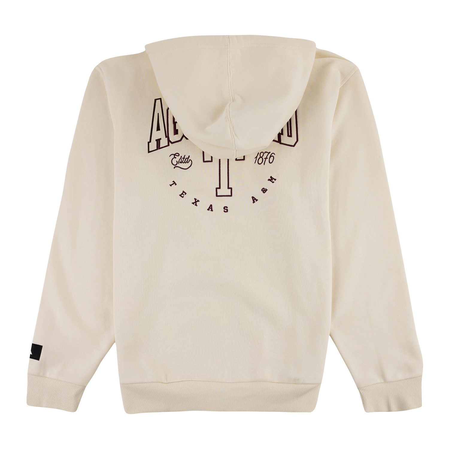 Back view of an off-white hooded sweatshirt with a dark brown graphic print reading 'A T Texas A&M 1876' on the back, shown on a plain white background.