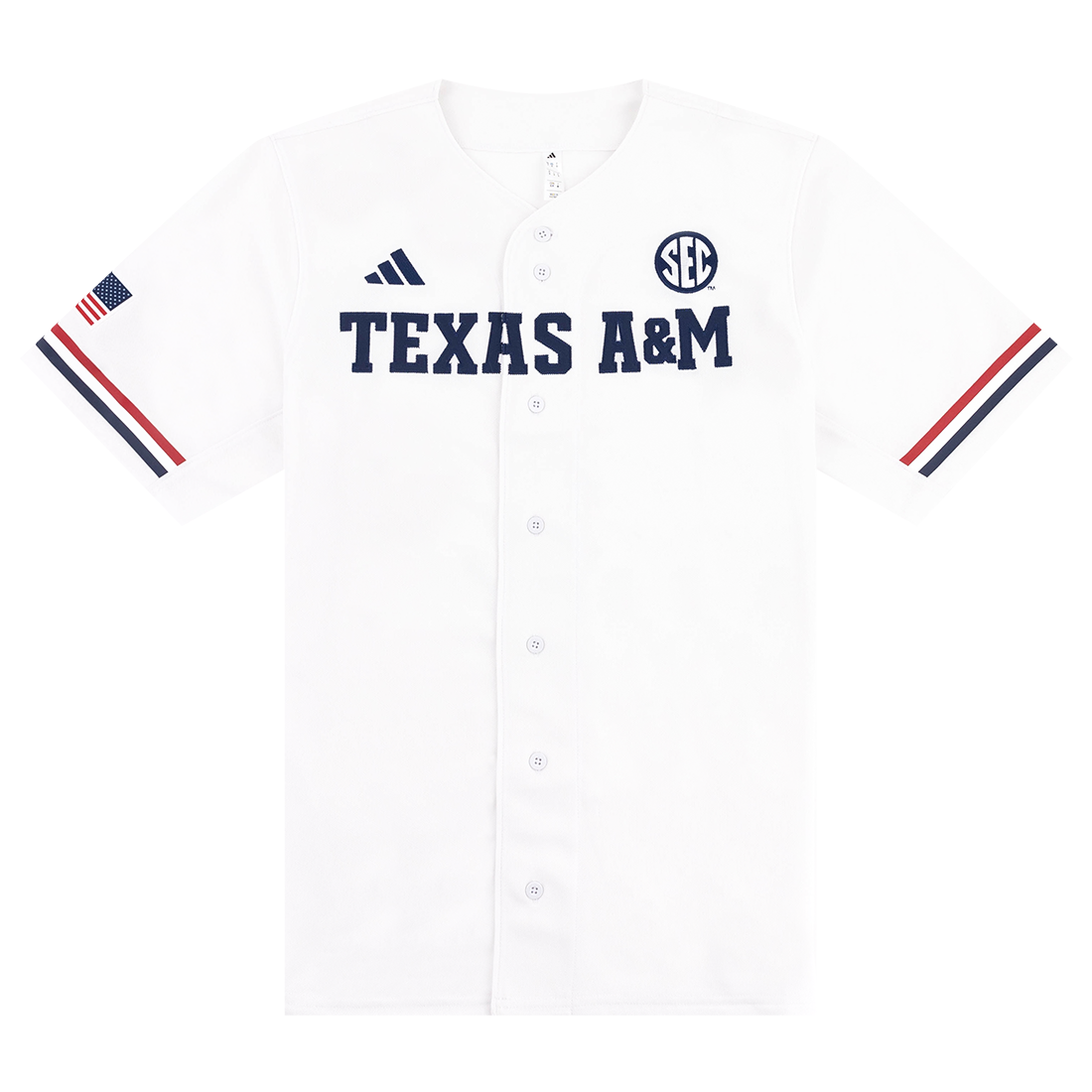 White baseball jersey with Texas A&M and SEC logos in navy.