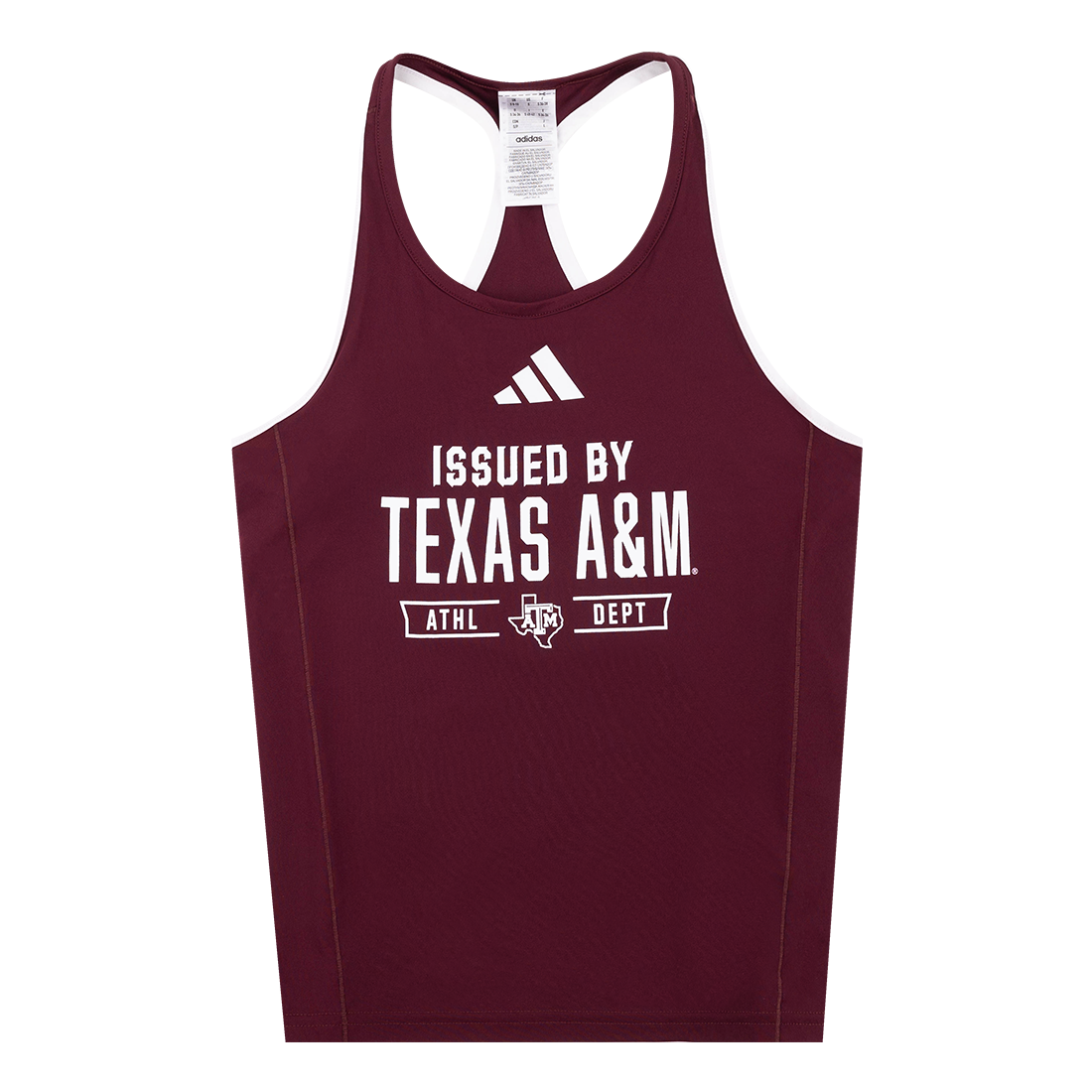 Maroon athletic tank top with Issued by Texas A&M Athletic Department in white with a Lonestar ATM logo