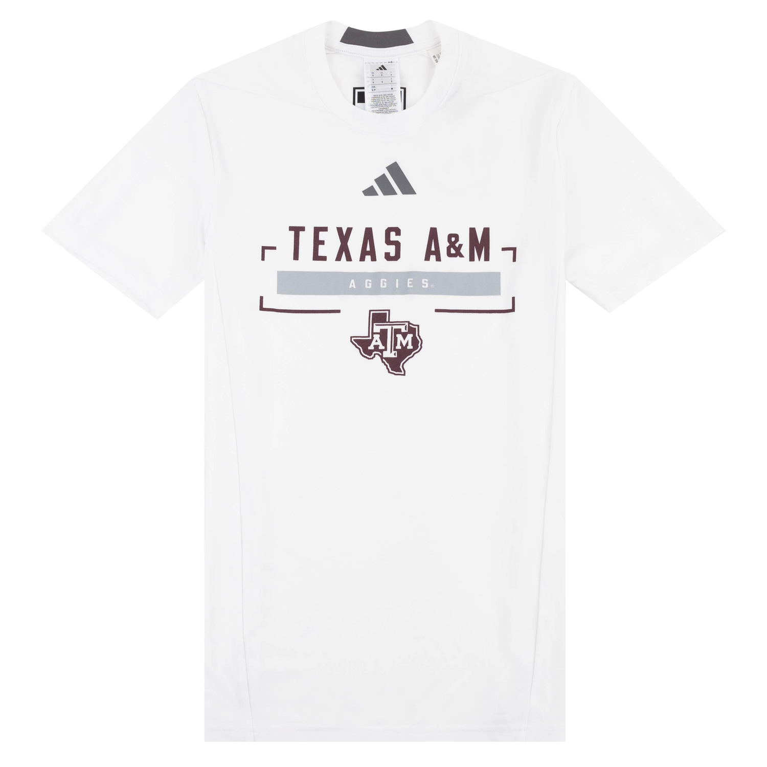 A white short-sleeve crewneck t-shirt featuring the Adidas logo and Texas A&M Aggies branding on the front, displayed flat against a white background.