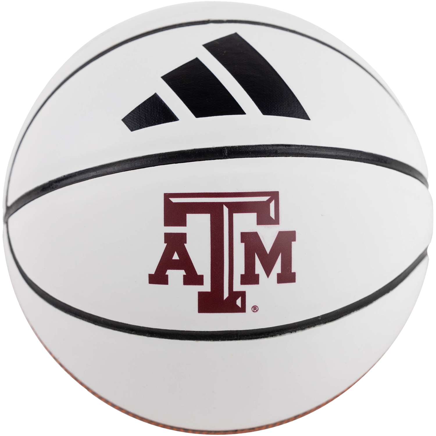White Adidas basketball featuring black stripes, black channel lines, and a maroon Texas A&M logo.