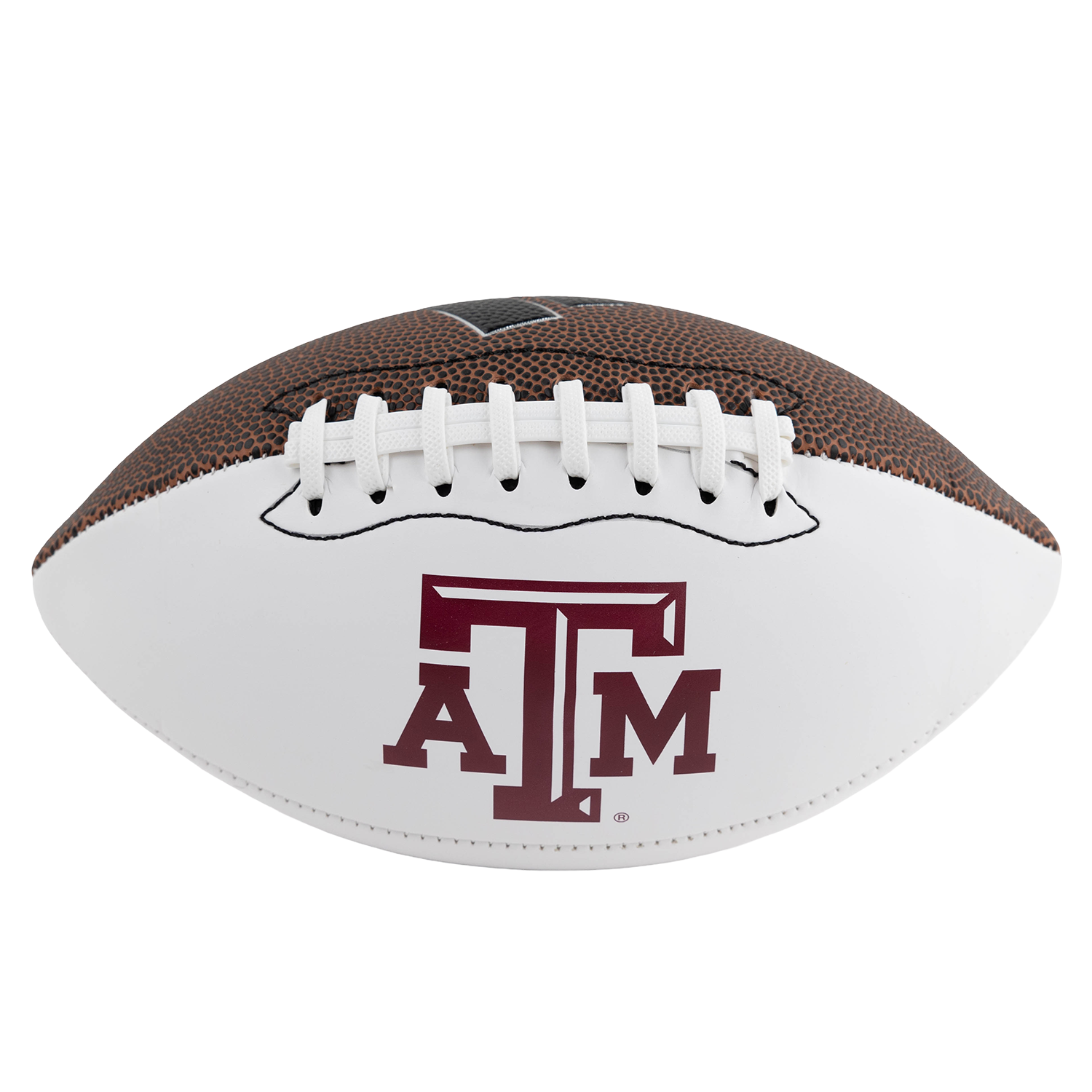 Mini brown leather Adidas football with white autograph panel featuring the maroon Texas A&M logo, laces visible on top.