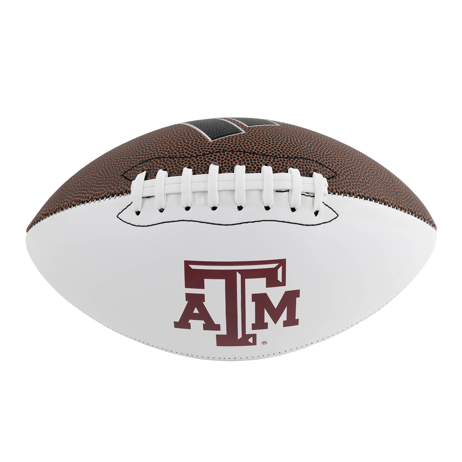 Brown Adidas leather football with white autograph panel featuring the maroon Texas A&M logo, laces visible on top.