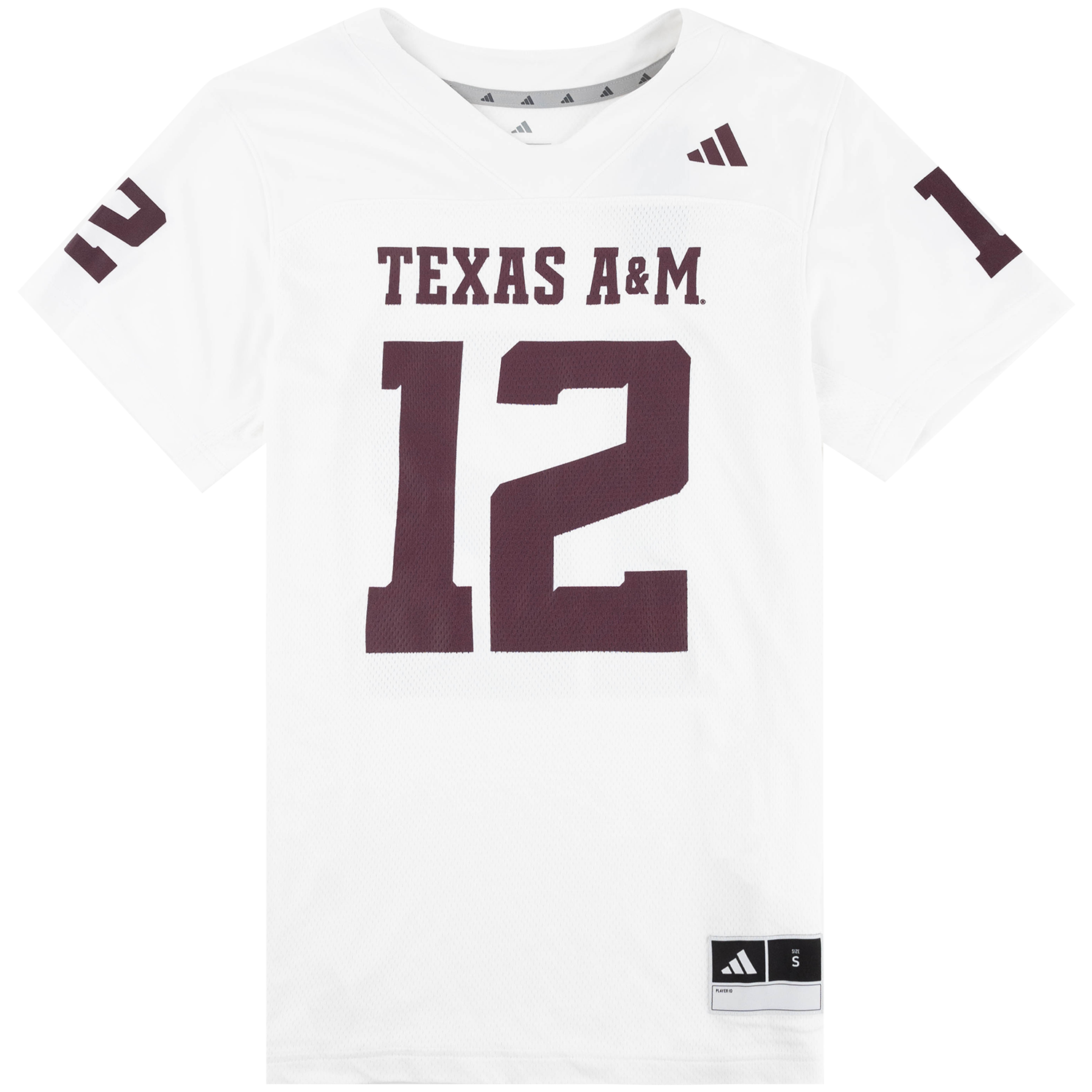 White Texas A&M Adidas football jersey featuring maroon “TEXAS A&M” lettering, number 12 graphics, Adidas branding, and maroon sleeve accents.