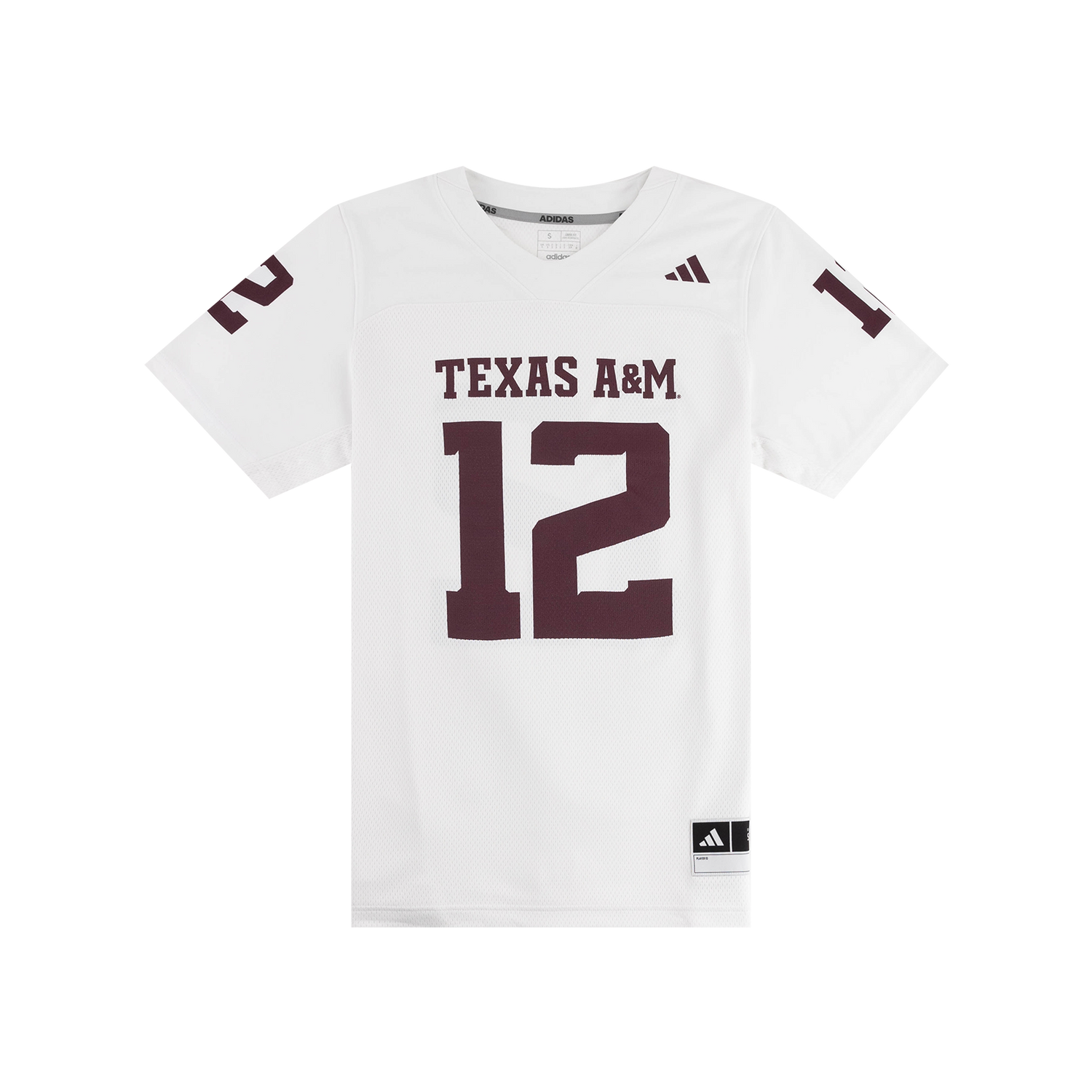 White jersey with "TEXAS A&M 12" in maroon with "12" on the sleeves.