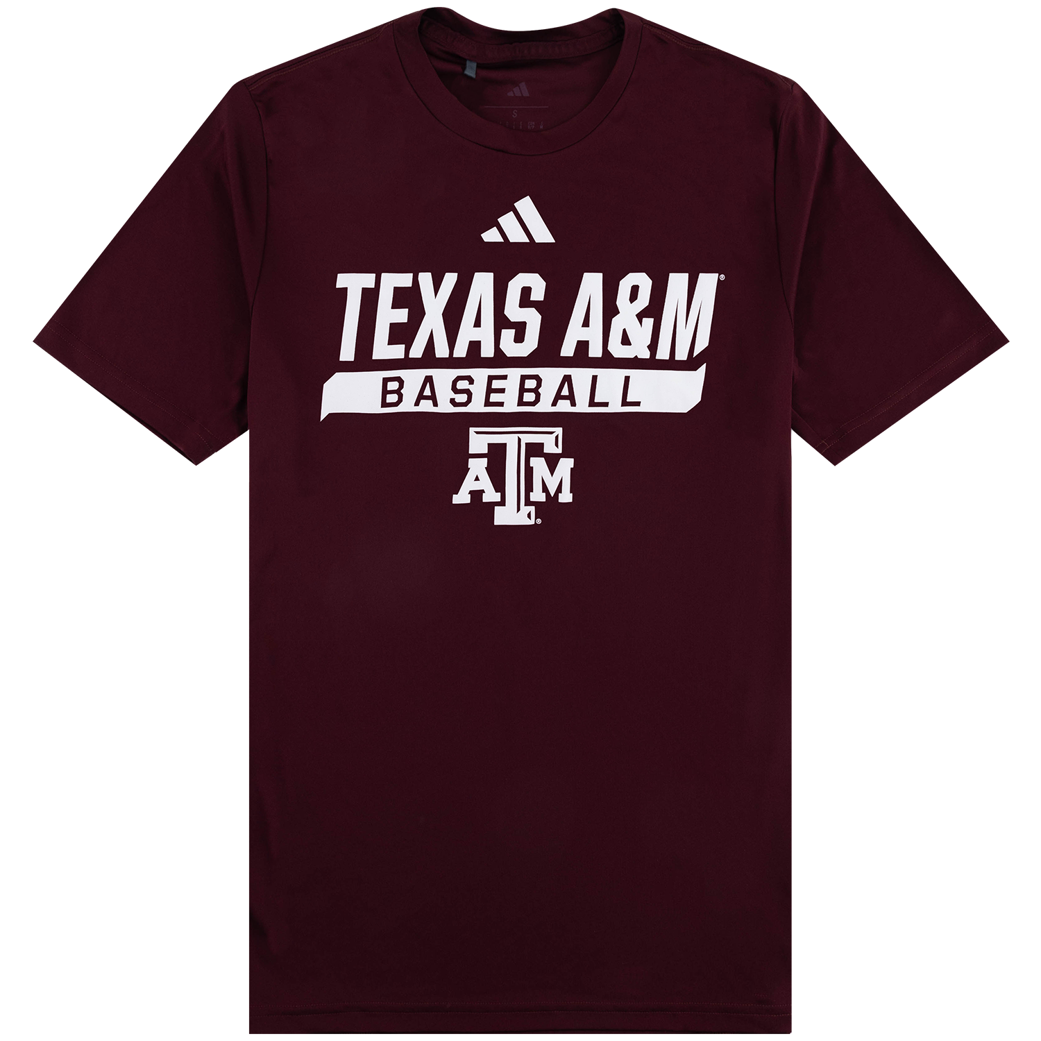 A maroon short-sleeve t-shirt featuring white graphics on the front, including an Adidas logo above "TEXAS A&M", a banner reading "BASEBALL", and the Texas A&M "ATM" logo.   