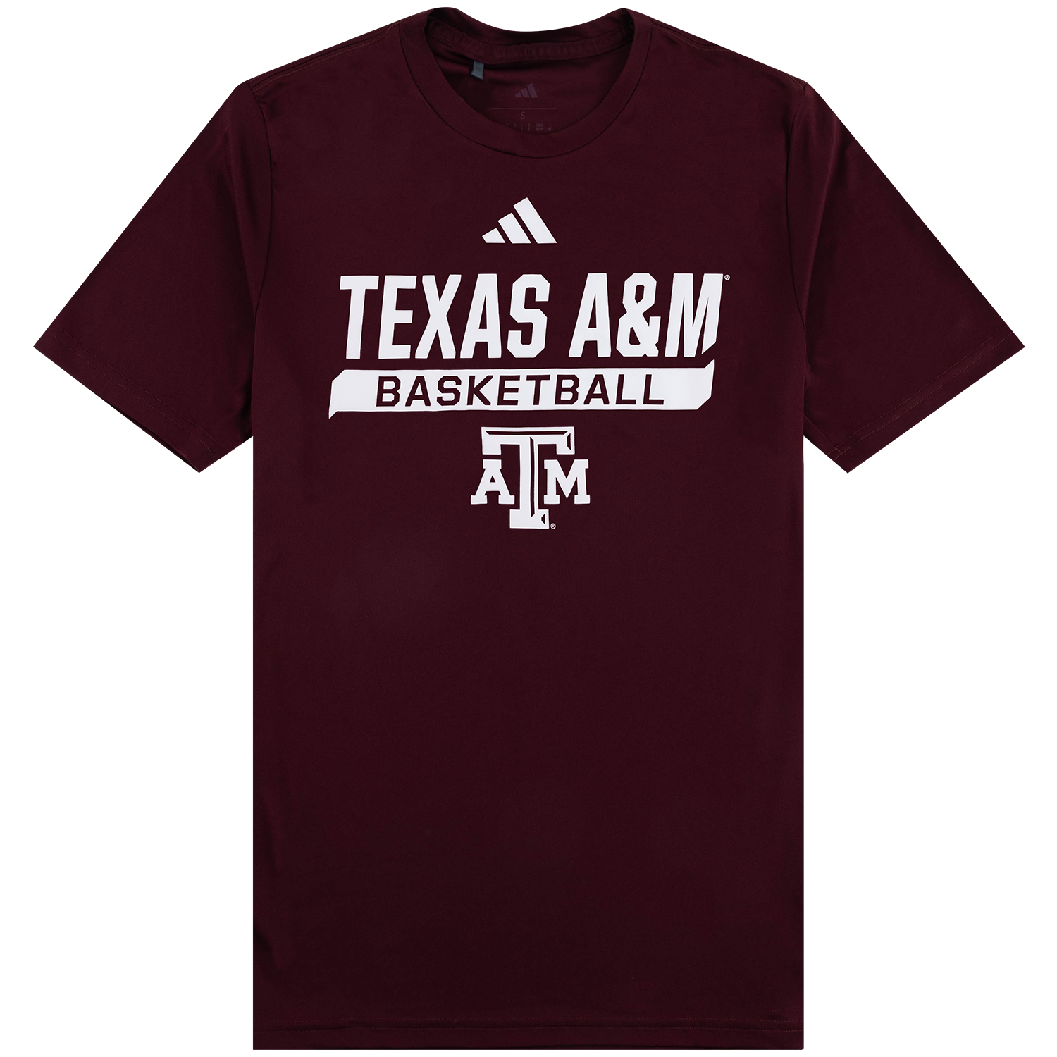 A maroon short-sleeve t-shirt featuring white graphics on the front, including an Adidas logo above "TEXAS A&M", a banner reading "BASKETBALL", and the Texas A&M "ATM" logo.   