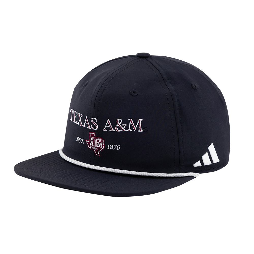 Black flat bill hat with Texas A&M in white and maroon and a maroon Lonestar ATM logo