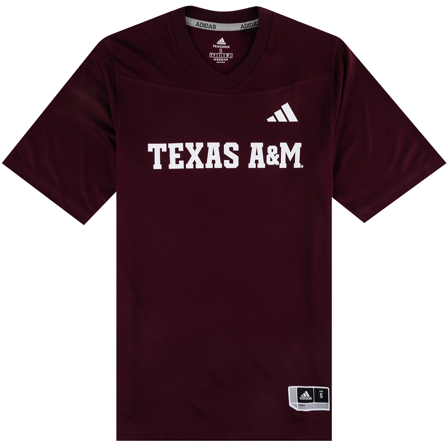 A maroon Adidas Texas A&M football jersey with white text and logo on a solid white background.