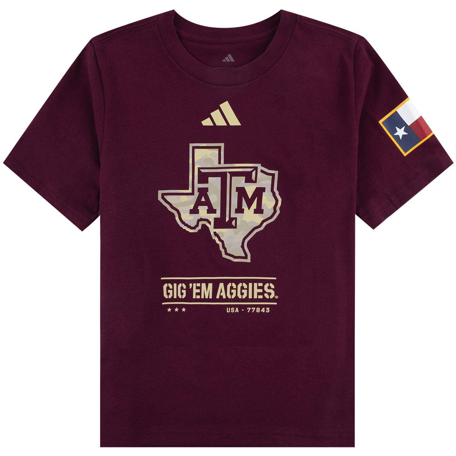 A maroon short-sleeve t-shirt with a camo graphic of the Texas state outline and 'A&M' logo in gold and white, featuring the Adidas logo and 'GIG 'EM AGGIES.' text.