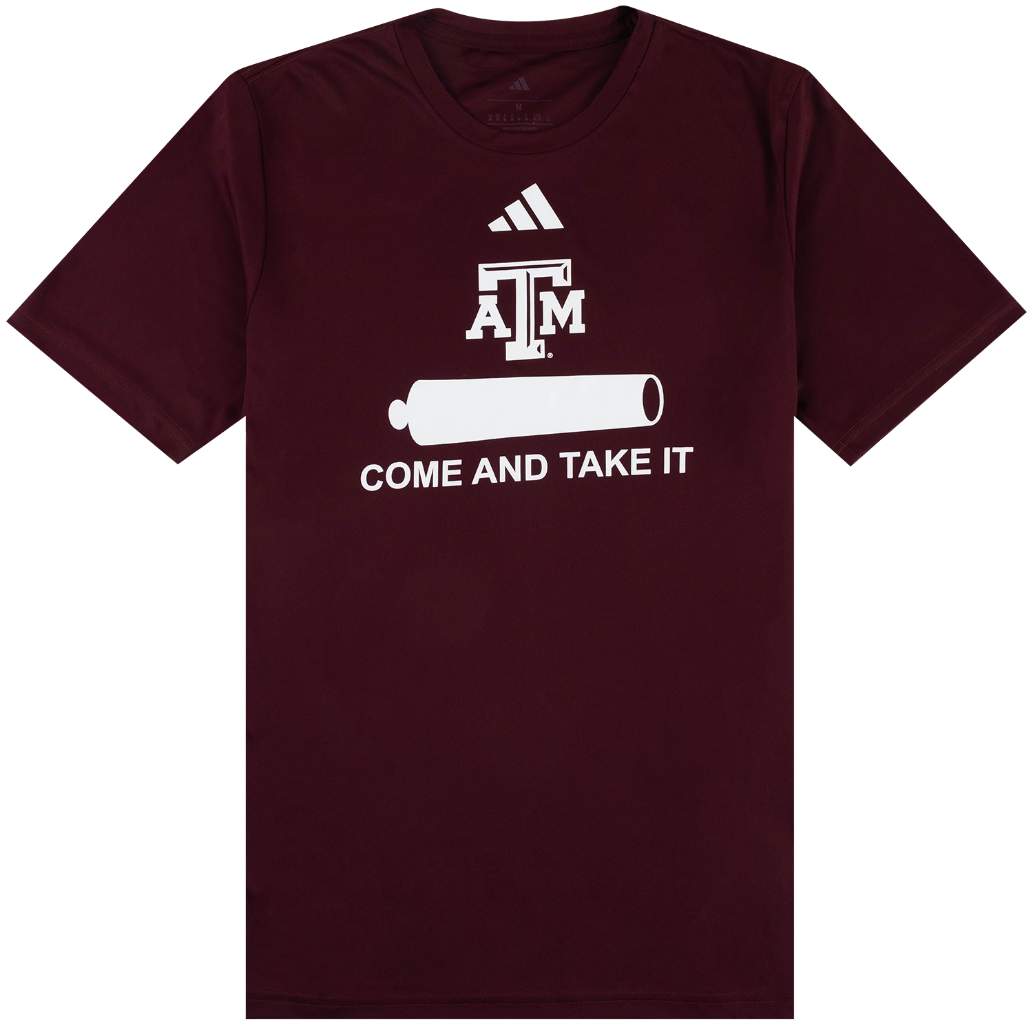 Maroon Adidas Texas A&M T-shirt featuring the ATM logo, a cannon graphic, and the phrase “Come and Take It” in white.