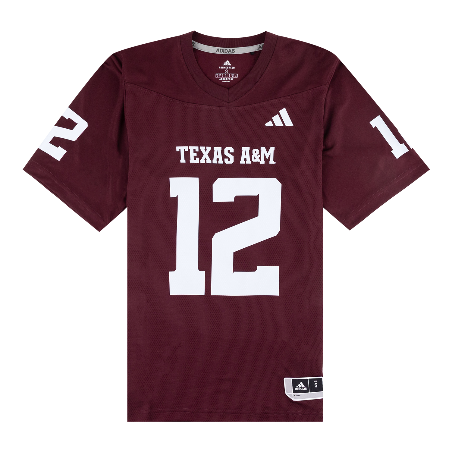 A maroon Adidas Texas A&M football jersey with white lettering and numbers, featuring the name 'TEXAS A&M' and the number '12' on the front.