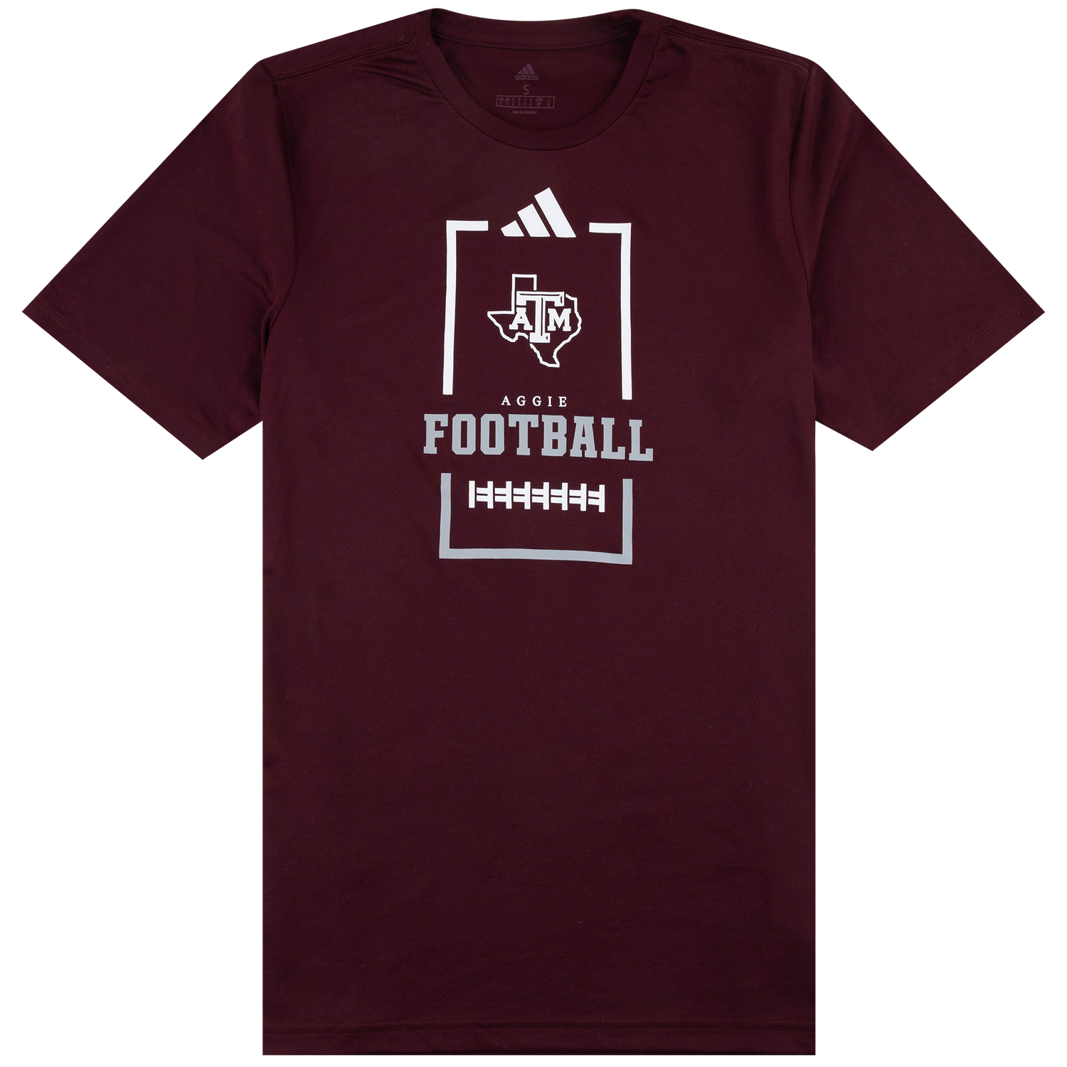 Maroon adidas Texas A&M Aggies football T-shirt featuring a white and gray graphic with the Texas A&M logo, football laces, and bold “Aggie Football” lettering.
