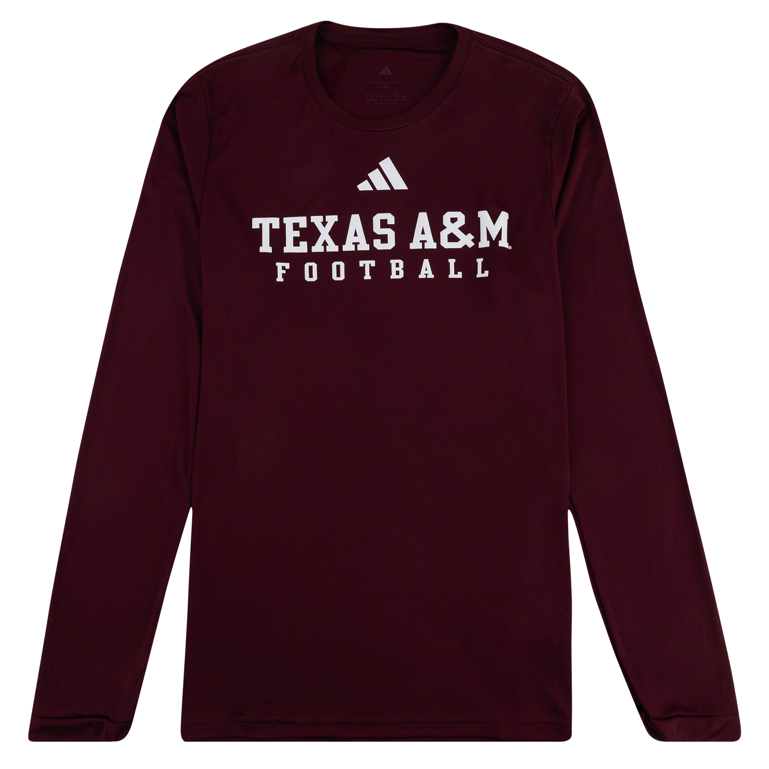 A long-sleeve maroon athletic shirt with white printed text reading 'TEXAS A&M FOOTBALL' and a white Adidas logo on the chest, shown on a plain white background.