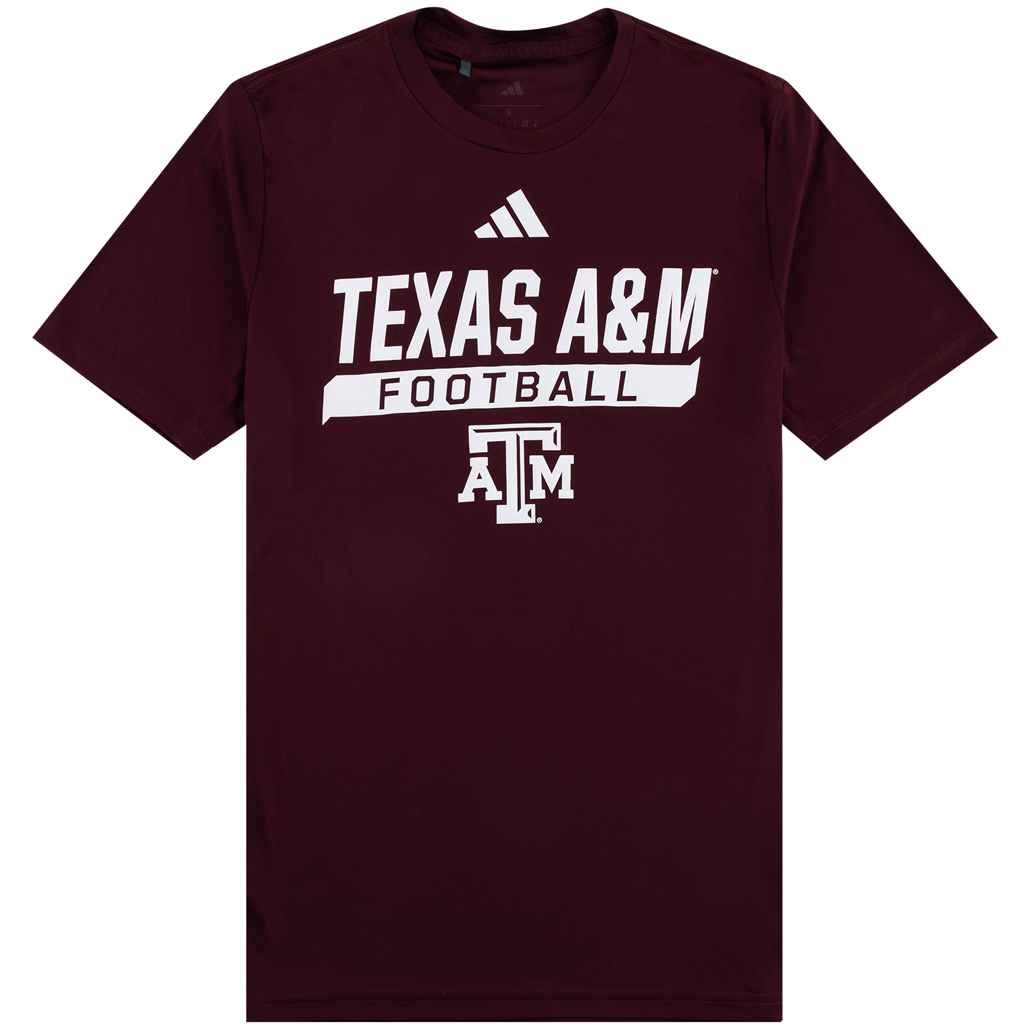 A maroon short-sleeve t-shirt featuring white graphics on the front, including an Adidas logo above "TEXAS A&M", a banner reading "FOOTBALL", and the Texas A&M "ATM" logo.