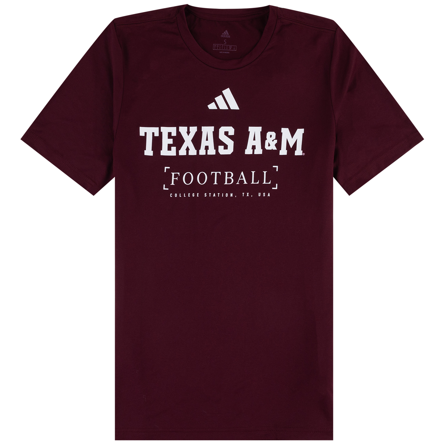 A maroon short-sleeve crewneck performance t-shirt by Adidas, featuring a white printed logo and text on the front that reads 'TEXAS A&M FOOTBALL' with 'COLLEGE STATION, TX, USA' underneath.