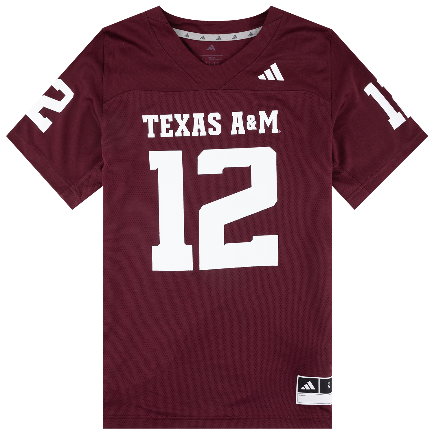 Maroon Texas A&M Adidas football jersey with white “Texas A&M” lettering, number 12 graphics, and short sleeves.