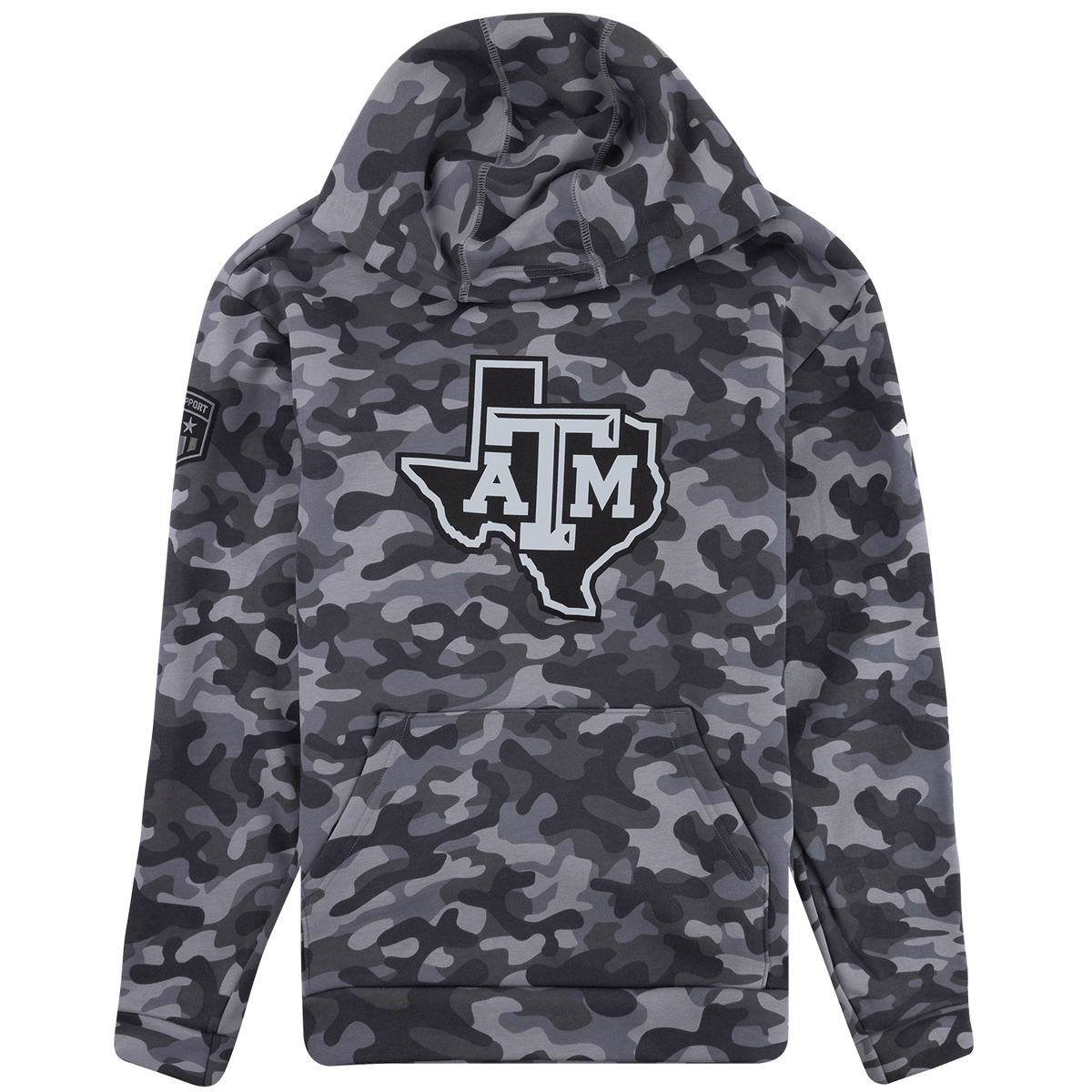 Gray camouflage Texas A&M pullover hoodie with a large Texas A&M logo on the front and a kangaroo pocket.