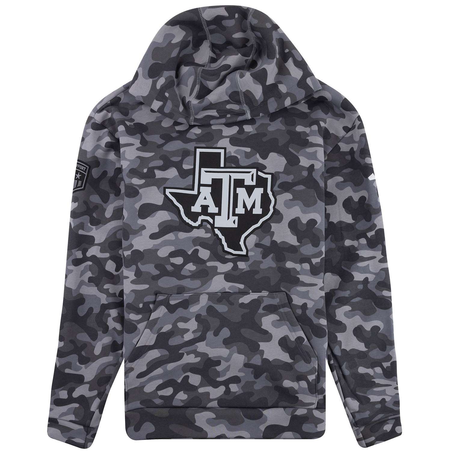 Gray camouflage Texas A&M pullover hoodie with a large Texas A&M logo on the front and a kangaroo pocket.