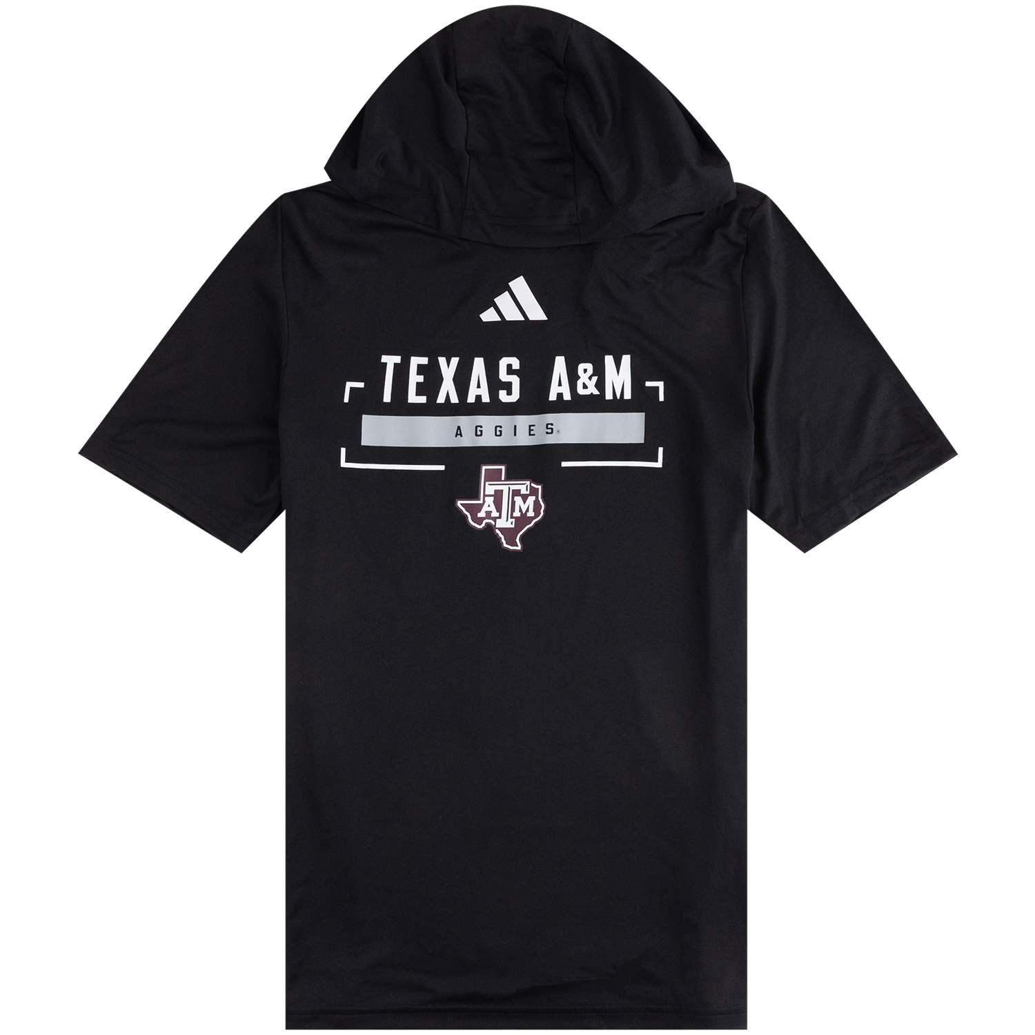 Black Texas A&M short-sleeve performance hoodie featuring a white Adidas logo, “Texas A&M Aggies” graphic, and Texas A&M logo with an outline of Texas on the front.