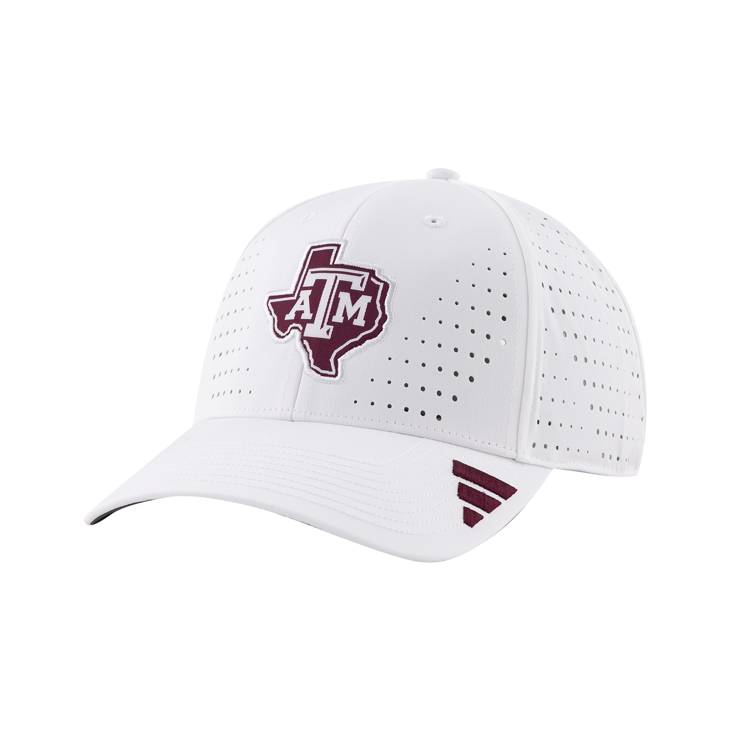 White Texas A&M Adidas performance cap featuring a maroon Texas A&M logo embroidered on the front, perforated ventilation holes, and maroon Adidas stripes on the brim.