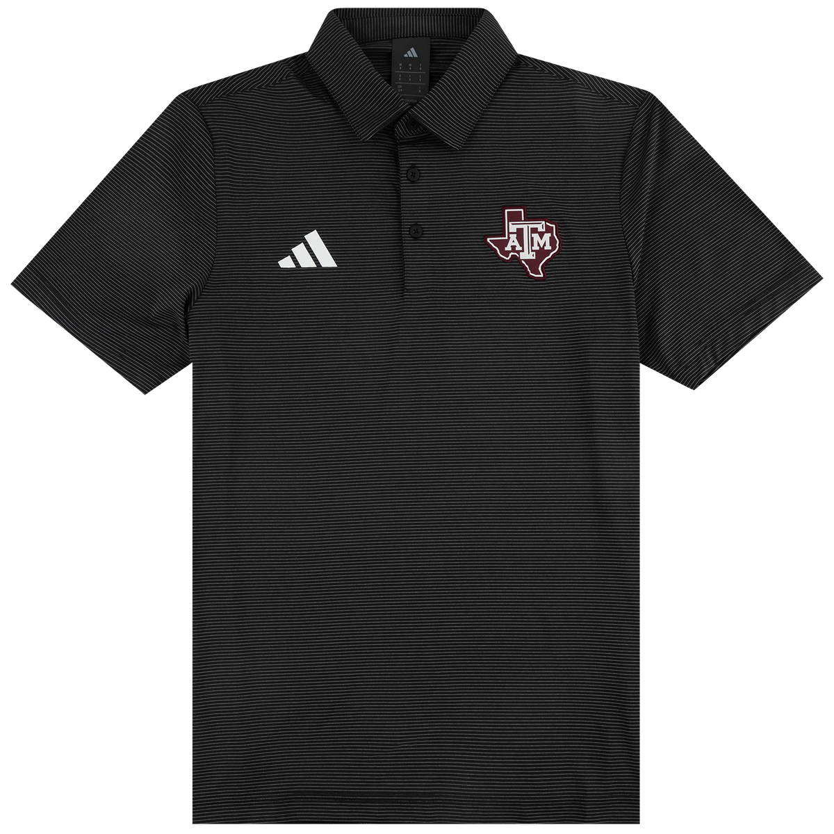 A black short-sleeve polo shirt with a subtle horizontal textured stripe pattern, featuring a white Adidas logo on the right chest and a maroon and white Texas A&M Aggies logo on the left chest, displayed on a clean white background.