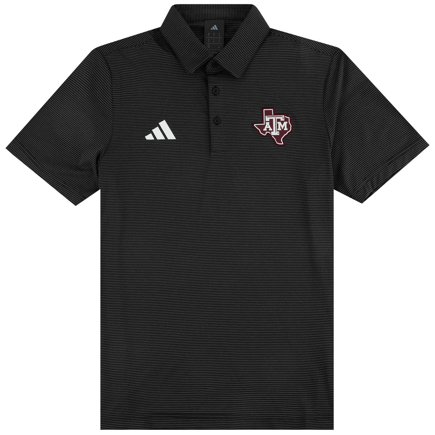 A black short-sleeve polo shirt with a subtle horizontal textured stripe pattern, featuring a white Adidas logo on the right chest and a maroon and white Texas A&M Aggies logo on the left chest, displayed on a clean white background.