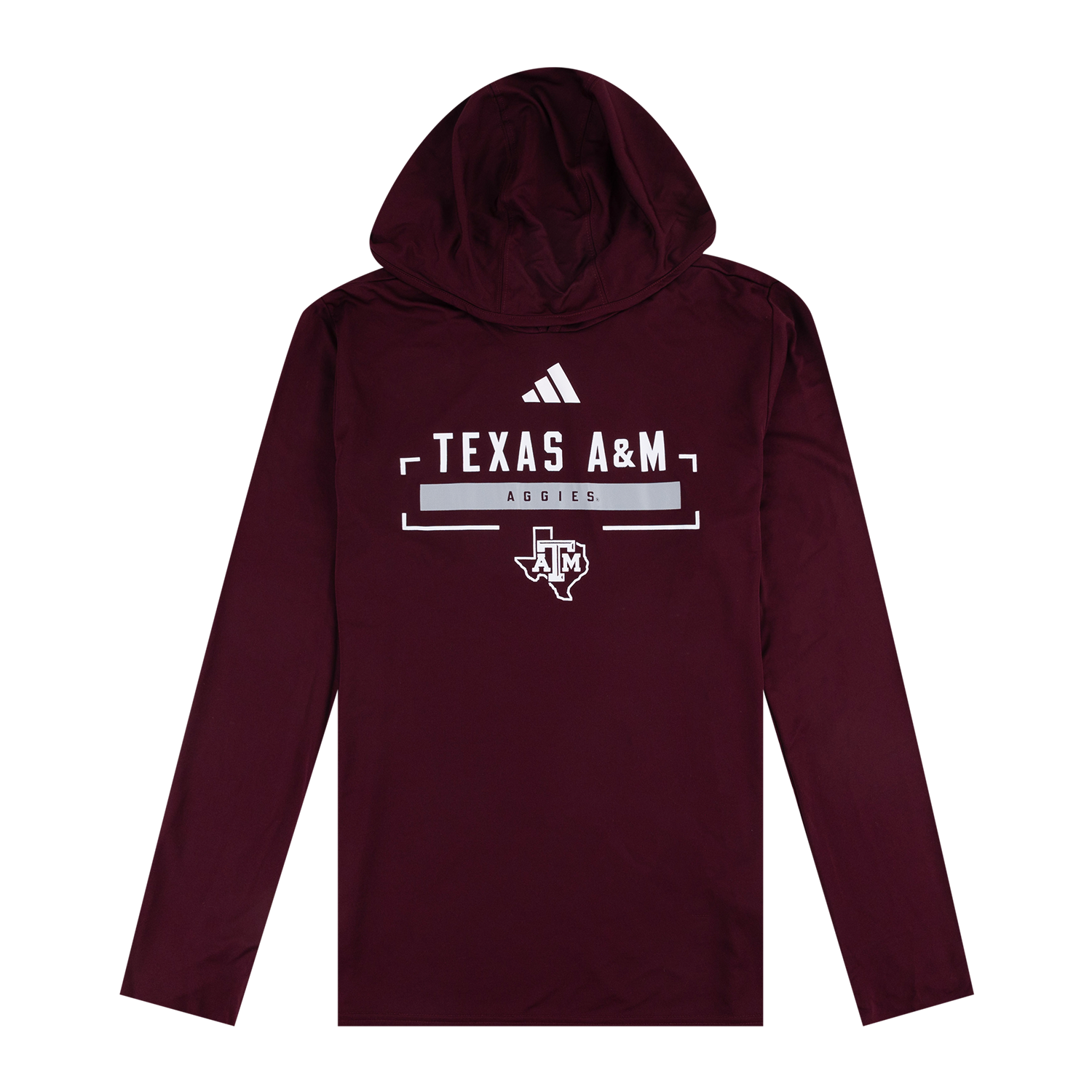 A maroon long-sleeve hooded shirt with a white Texas A&M Aggies graphic on the chest, displayed flat against a solid white background.