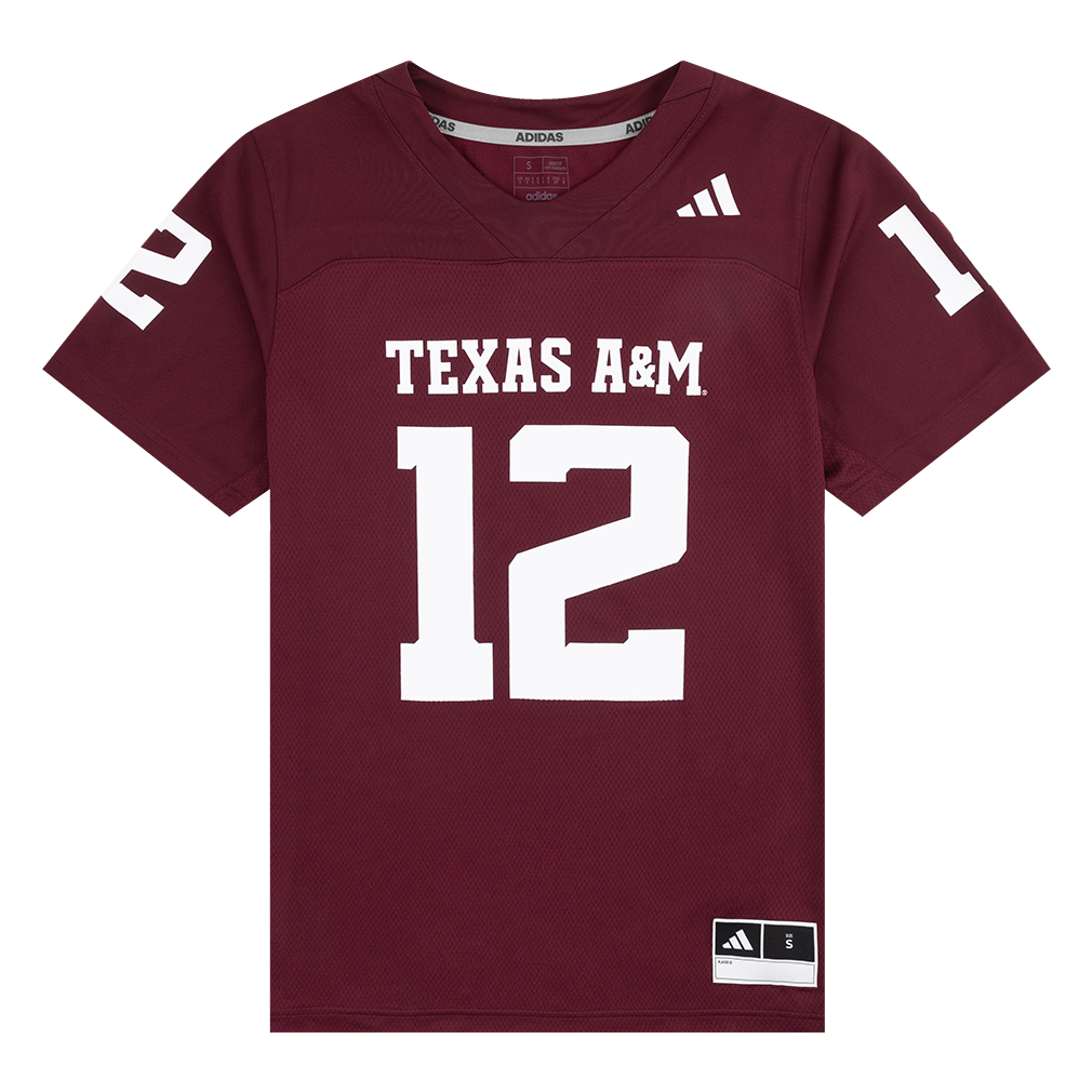 Maroon football jersey with "Texas A&M 12" in white on the front and white 12s on the sleeves.