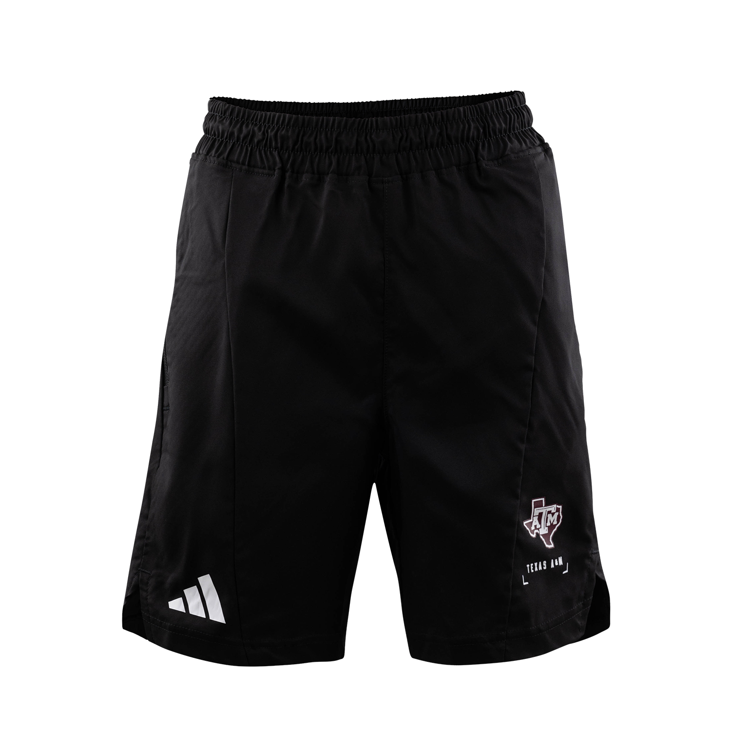 Black athletic shorts with an elastic waistband, featuring a white Adidas logo on the left leg and a Texas A&M logo on the right leg, shown against a plain white background.