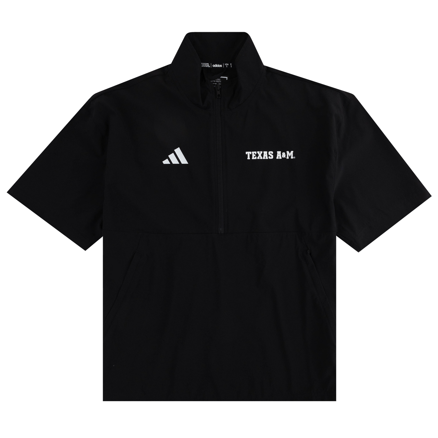 A black short-sleeve quarter-zip pullover with a white Adidas logo on the left chest and 'TEXAS A&M' printed in white on the right chest, displayed on a clean white background.
