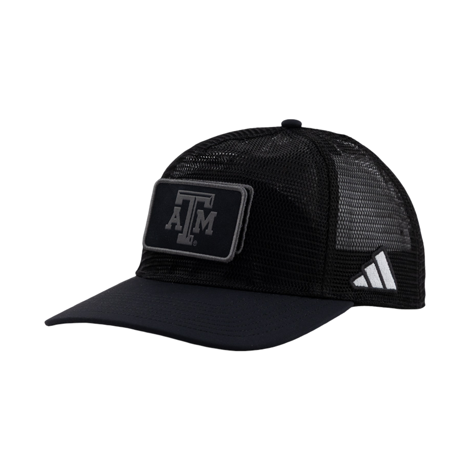 A black mesh Adidas trucker hat with a gray-outlined rectangular velcro patch on the front displaying the Texas A&M "ATM" logo and a white Adidas logo on the side.