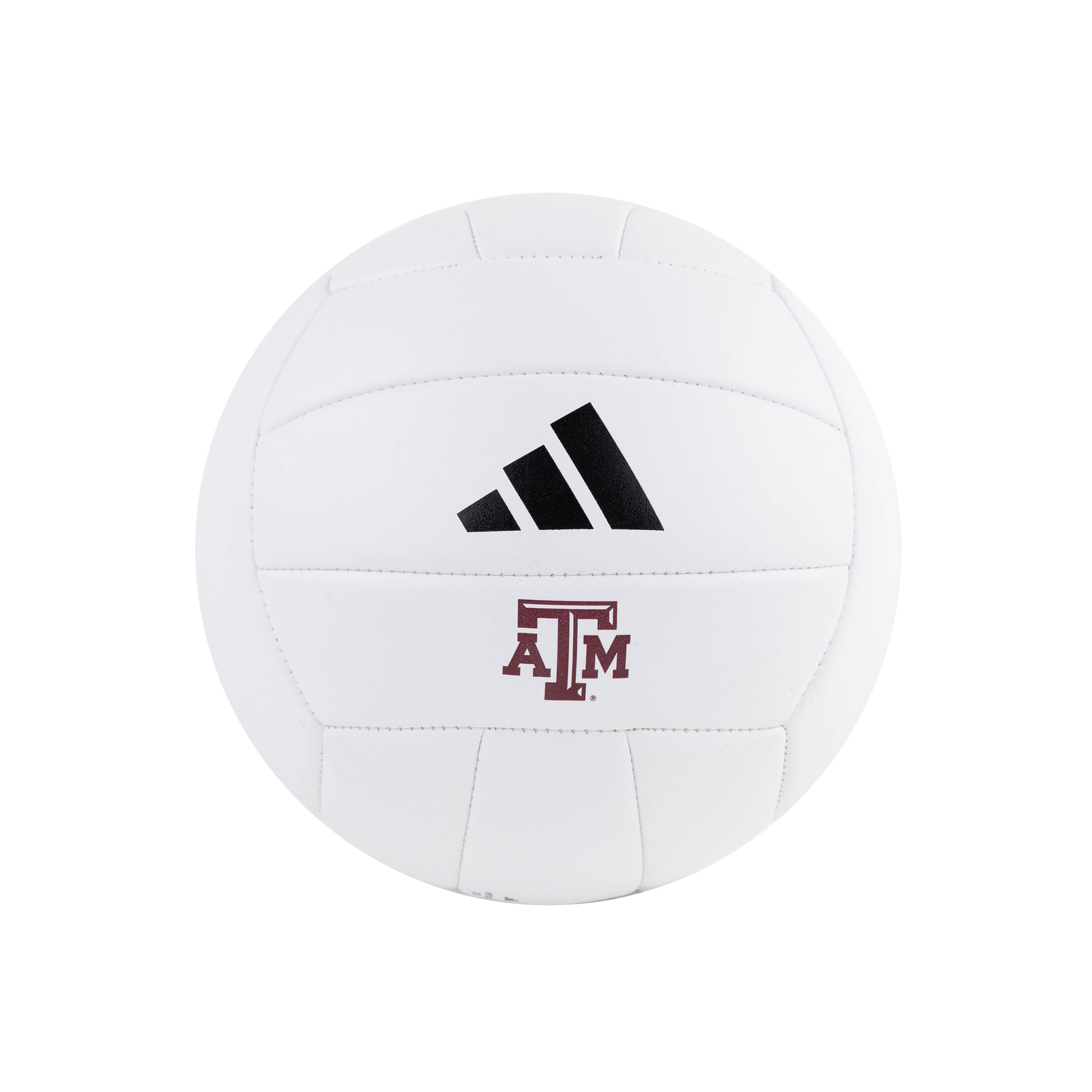 A white Adidas volleyball with the Texas A&M 'A&M' logo in maroon and the black Adidas logo printed on the front, isolated on a white background.